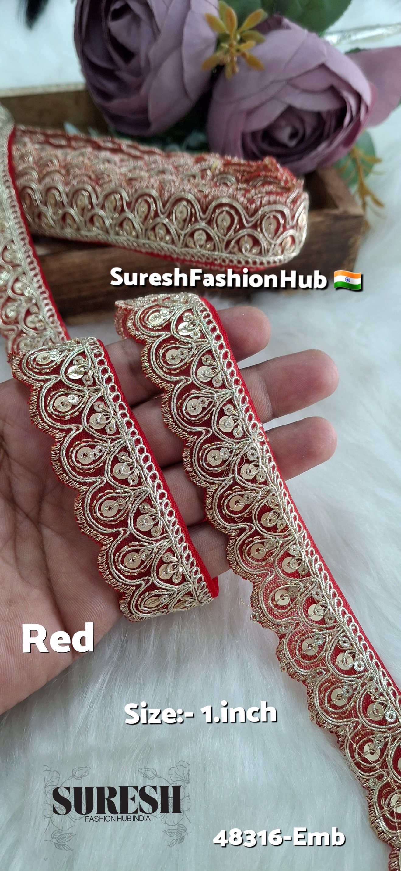 Red Pearl Dori One Side Scallop Embroidery Lace