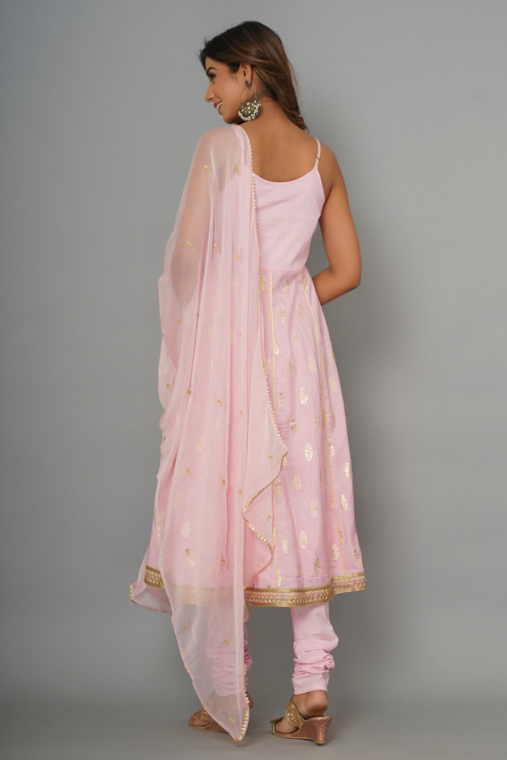Pink Chanderi Anarkali Kurta Pant With Dupatta