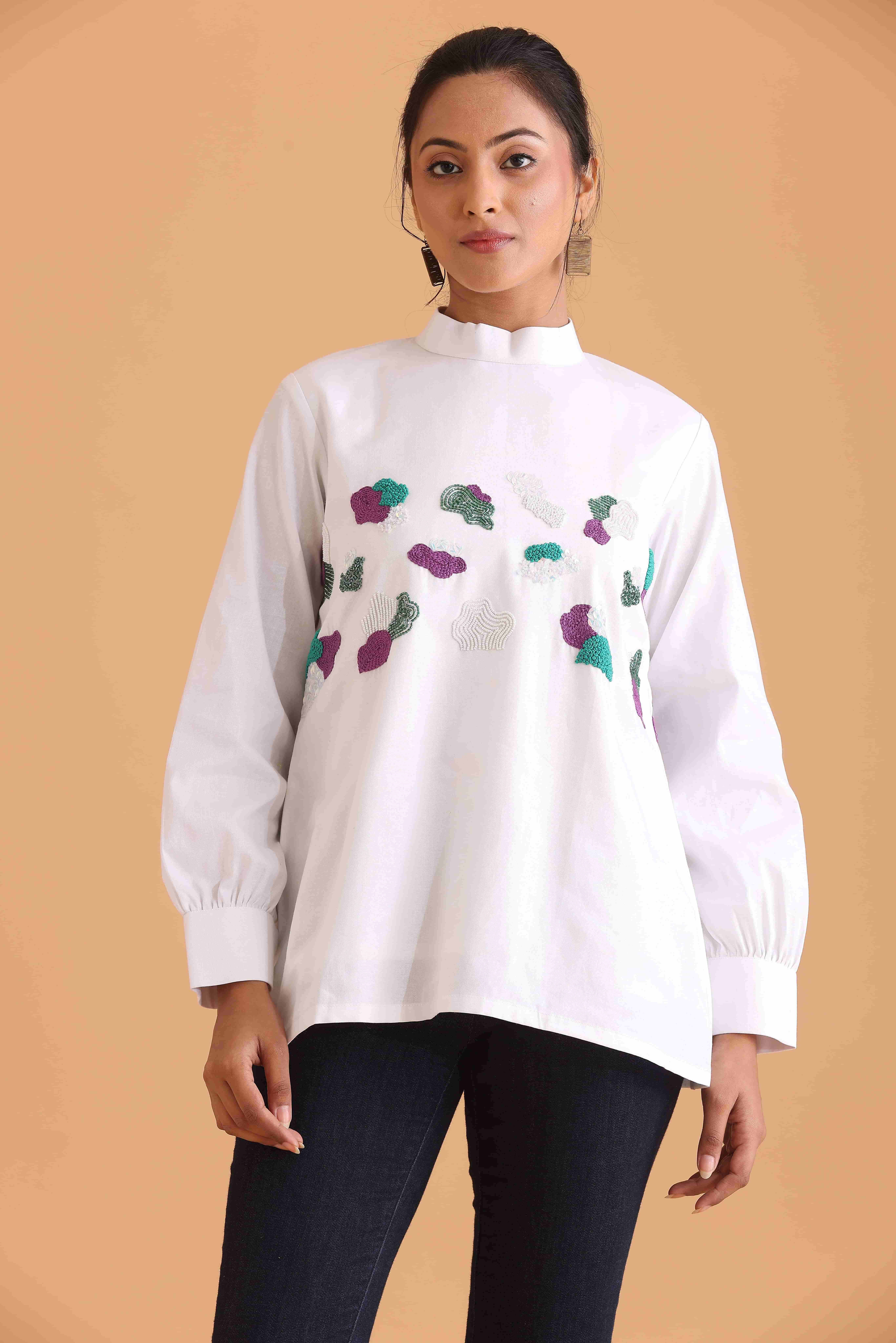 White High-Neck Top with Abstract Embroidery