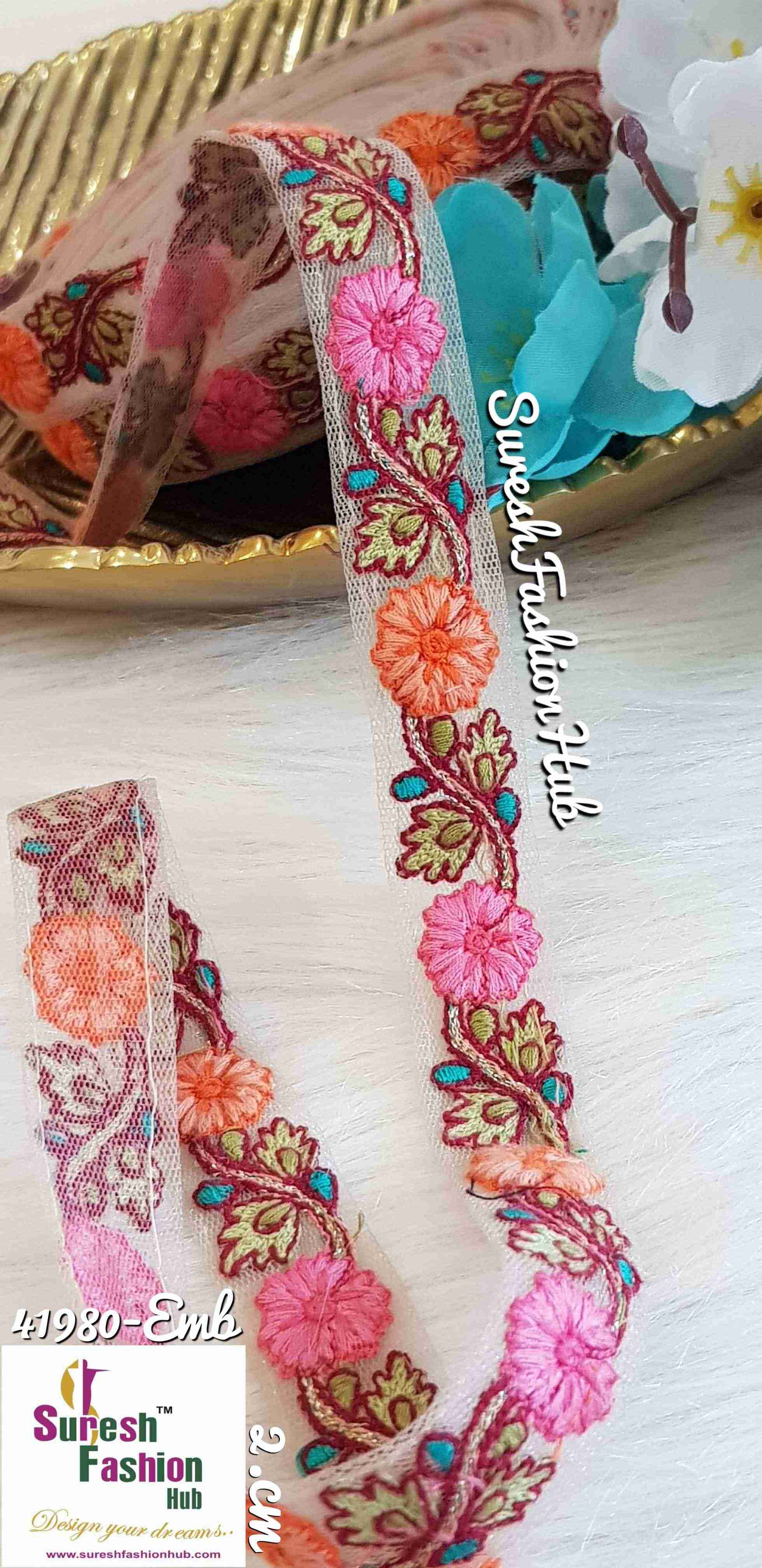 Mesh Beauty Peach & Pink Flowers Thin Ribbon