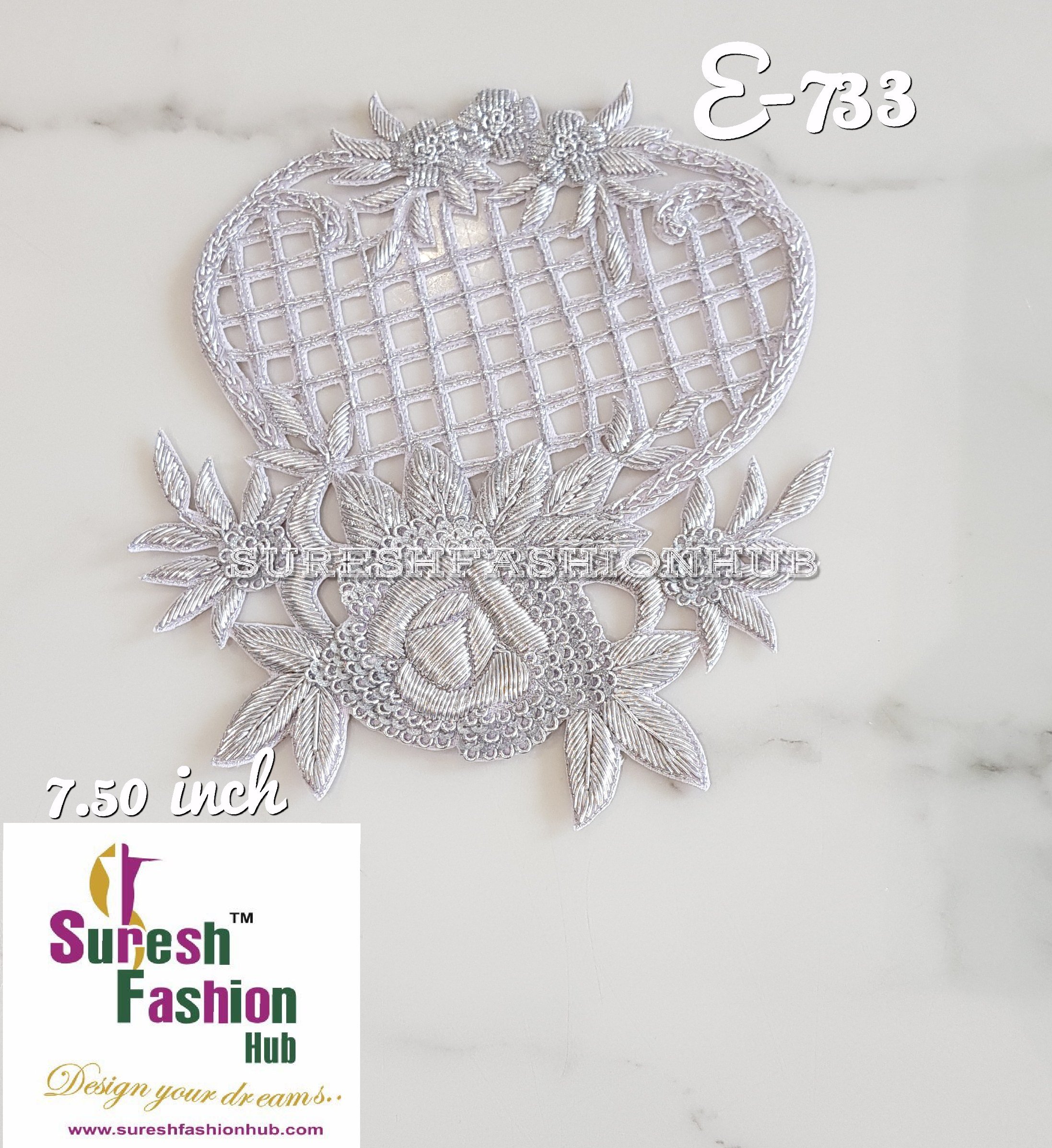 Embellished Handmade Net patterned  Patch- Silver Gold Color Size- 7.5 inch long