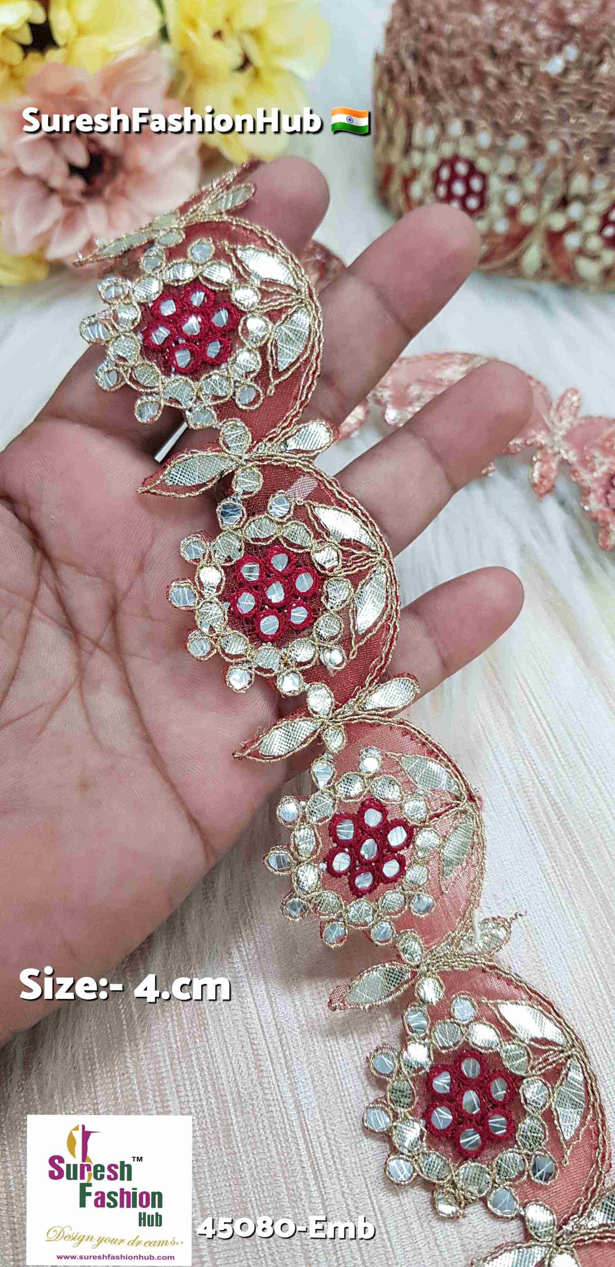 Maroon Mirror Blossom Laser-Cut Gota Lace