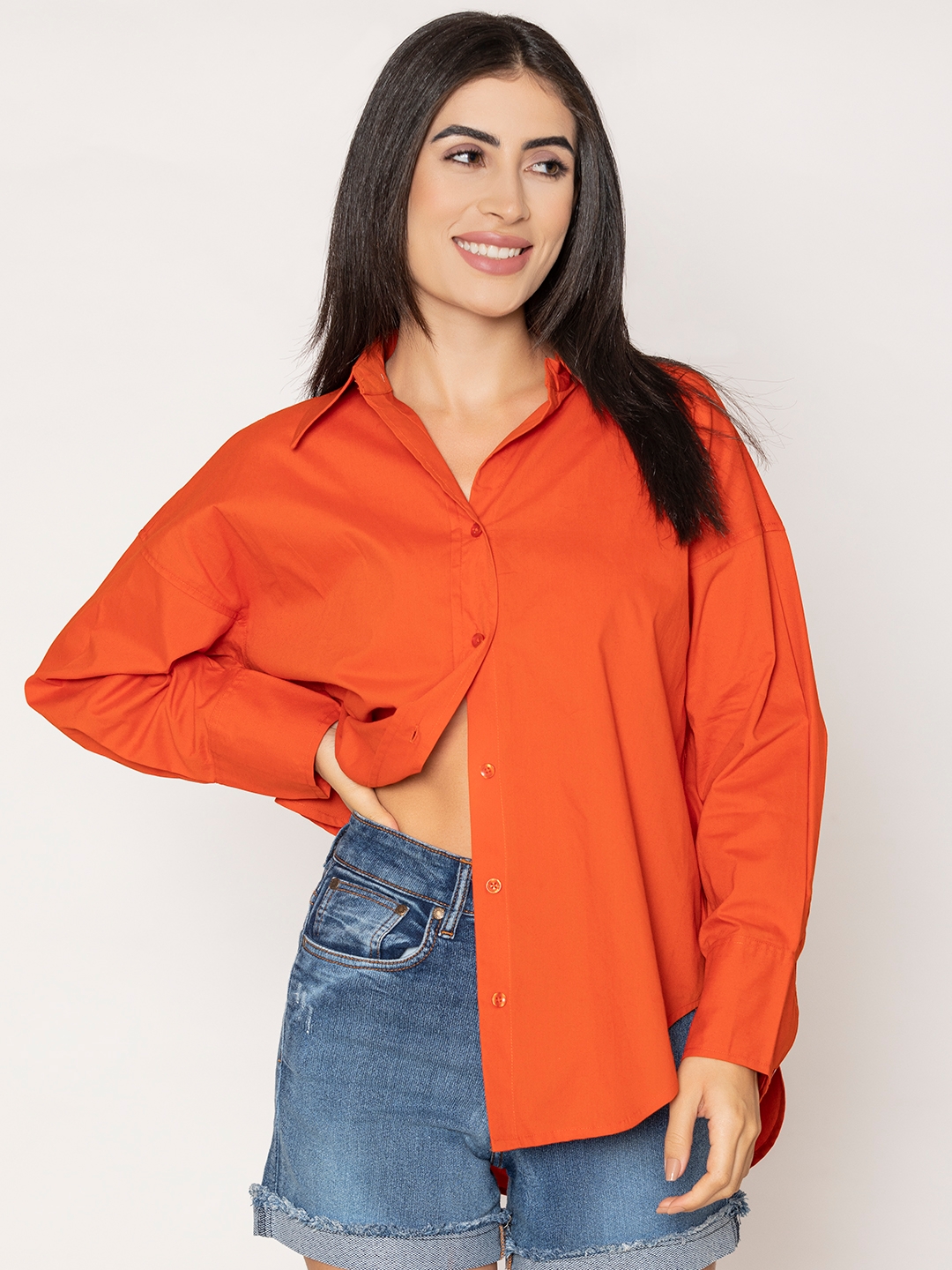 Cotton Poplin Shirt - Orange - Ladies