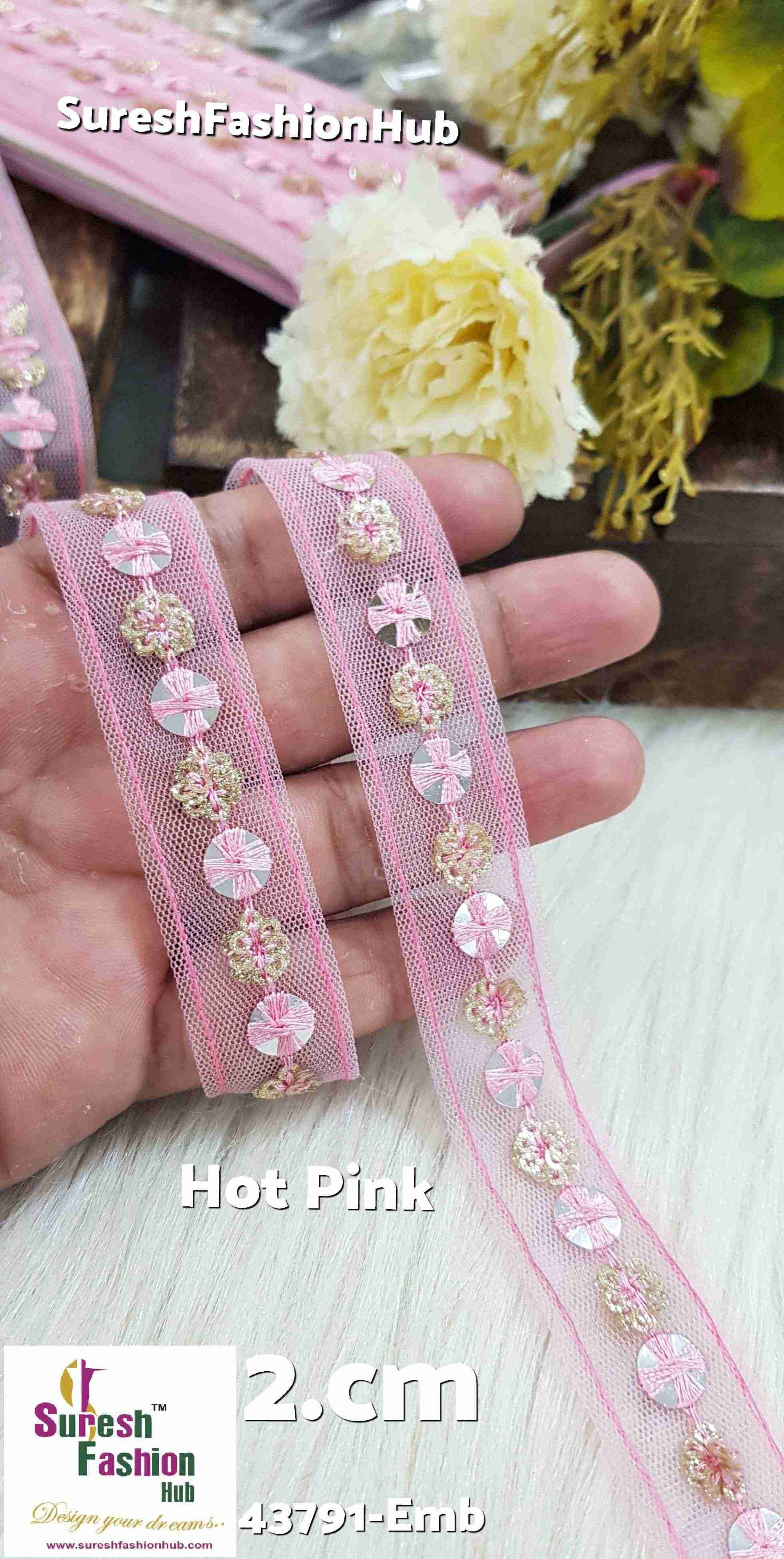 Hot Pink Embellished Floral Lace Trim