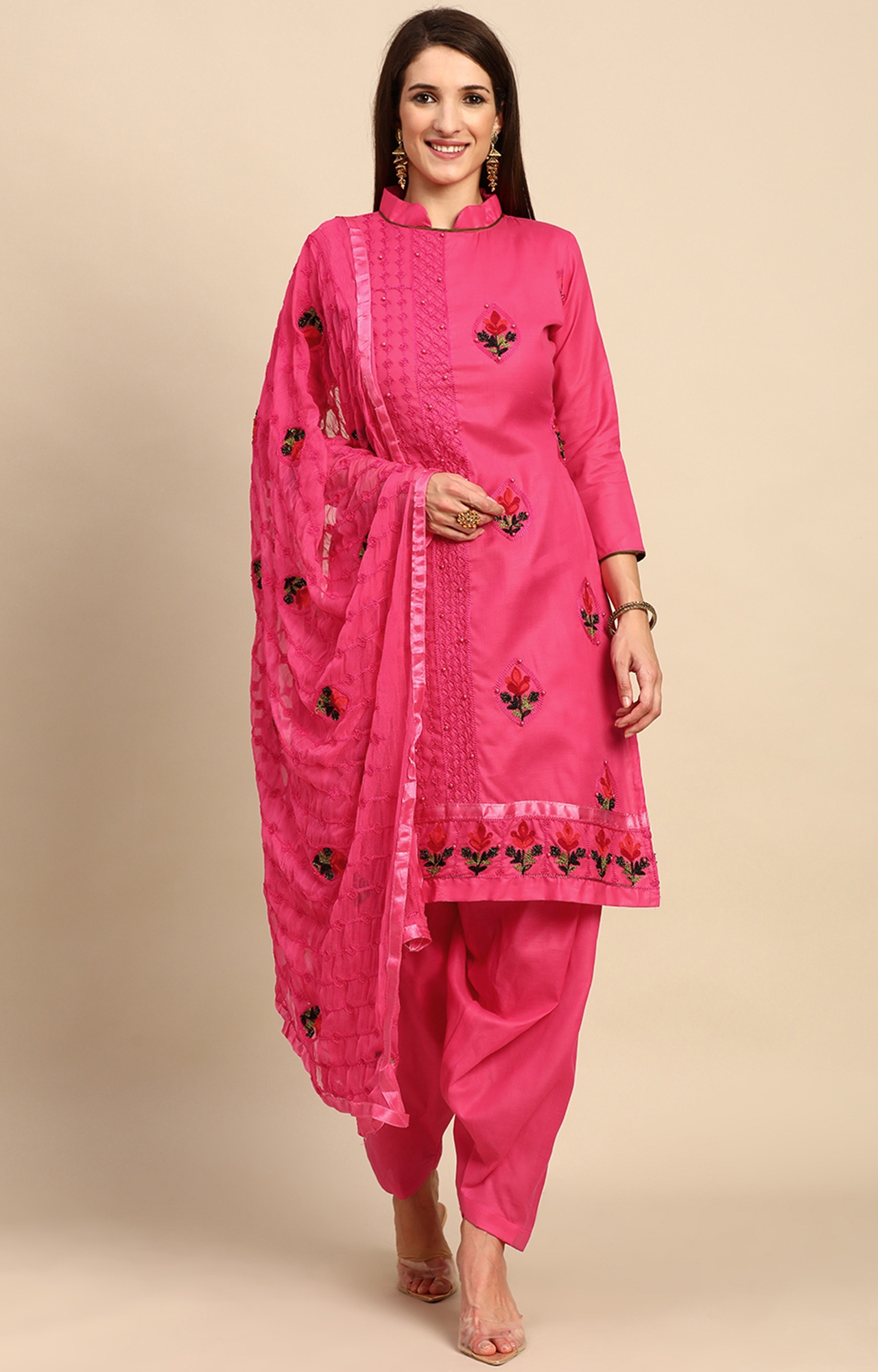 Shaily Women Pink Color Cotton Embroidered With Pearl Unstitched Dress Material-VF_BJP_PNK_DM