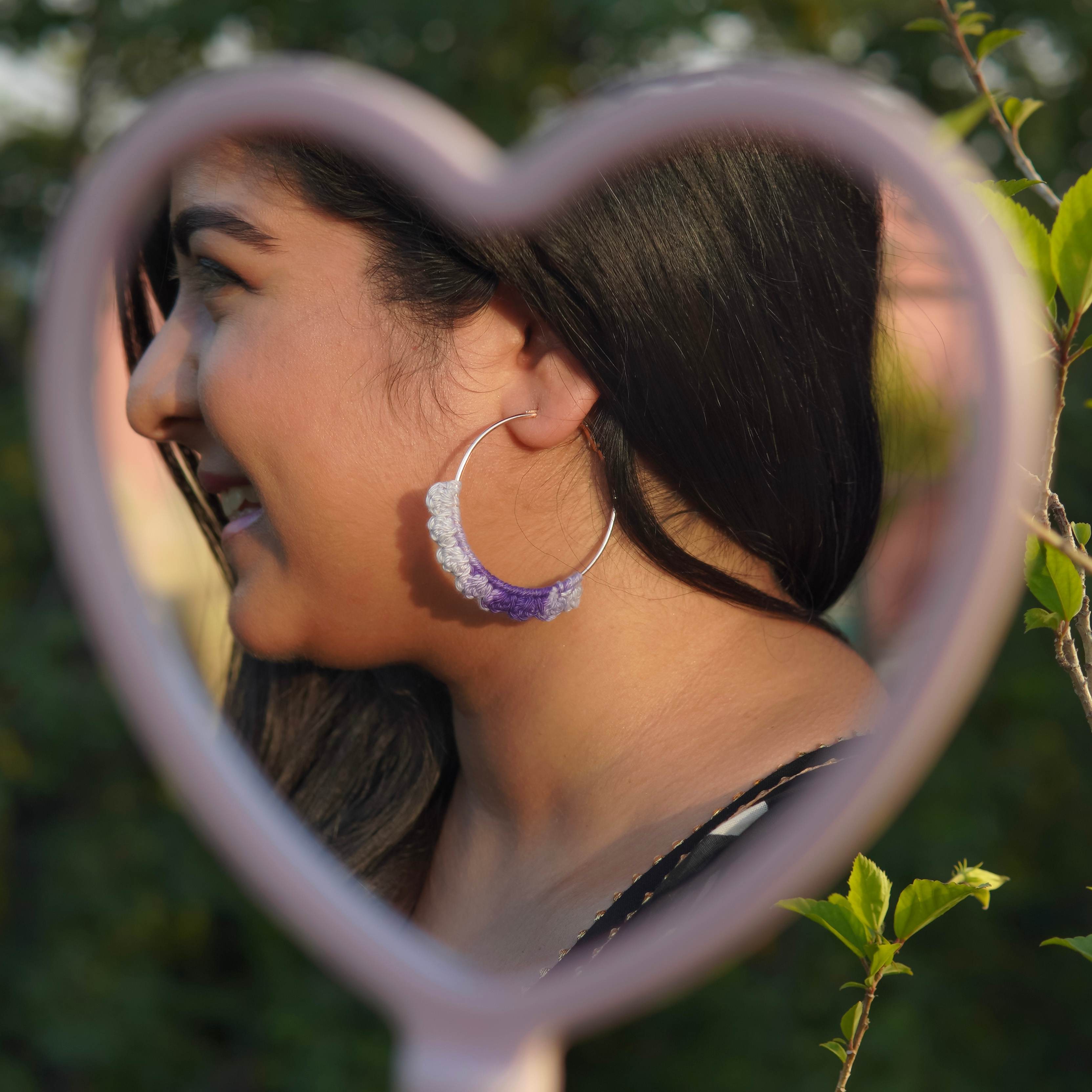  Model wearing the Dual-Shade Lavender Crochet Nazakat Hoops by AHG. Perfect for everyday style!