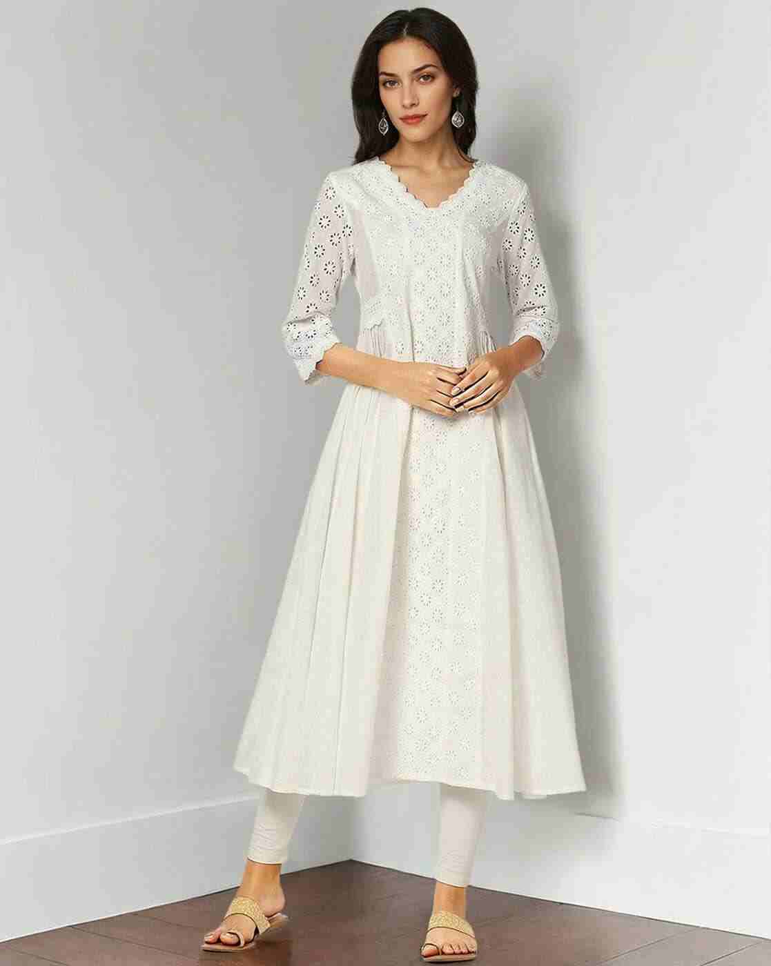 KRITA | Women Schiffli Embroidered Flared Kurta|0