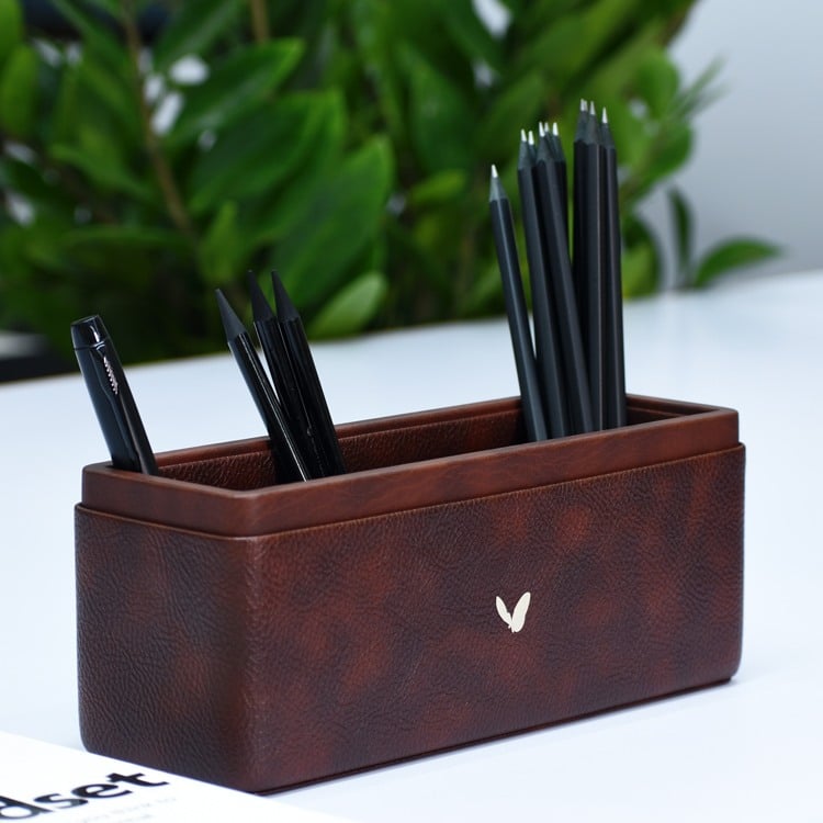 Pen/Pencil Holder | Faux Leather | Rectangular Large | Classic | Brown