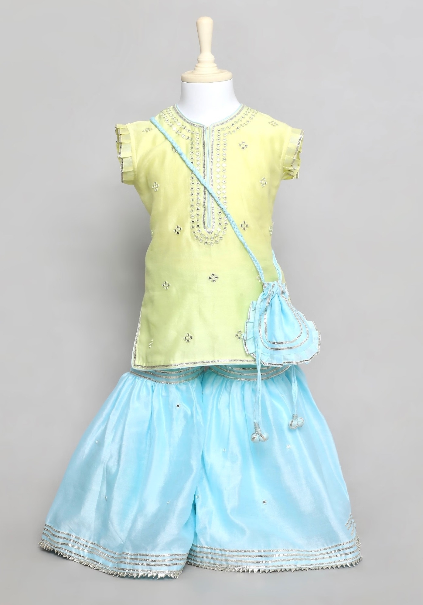 Yellow Top with Mirror Work and Blue Gharrara and Blue Potli Bag