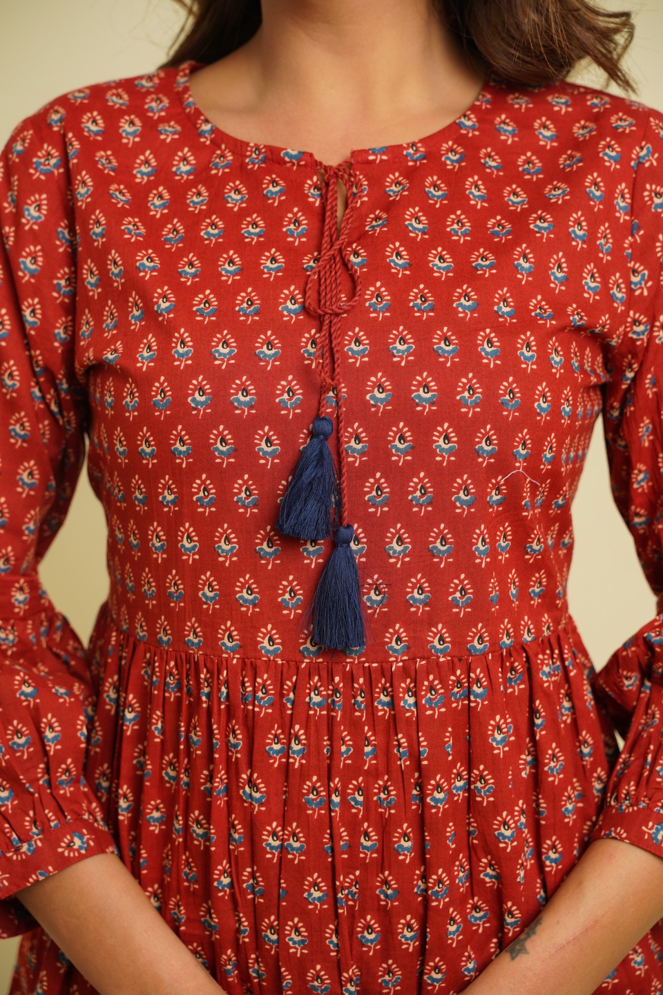 Red Print Tie-Up Neck Pure Cotton Top