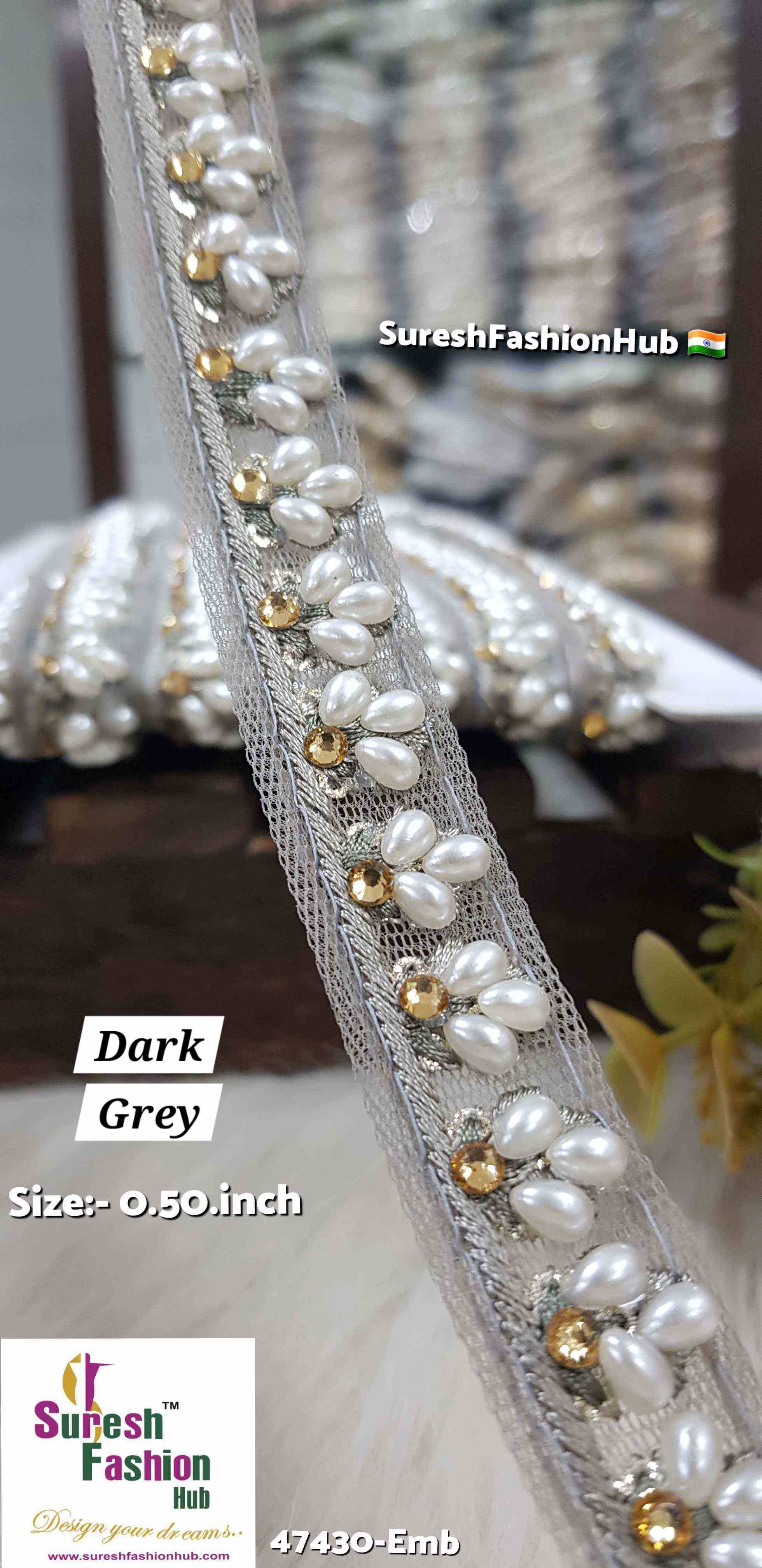 LuxeGlimmer Embroidered Trim Dark Grey  Color