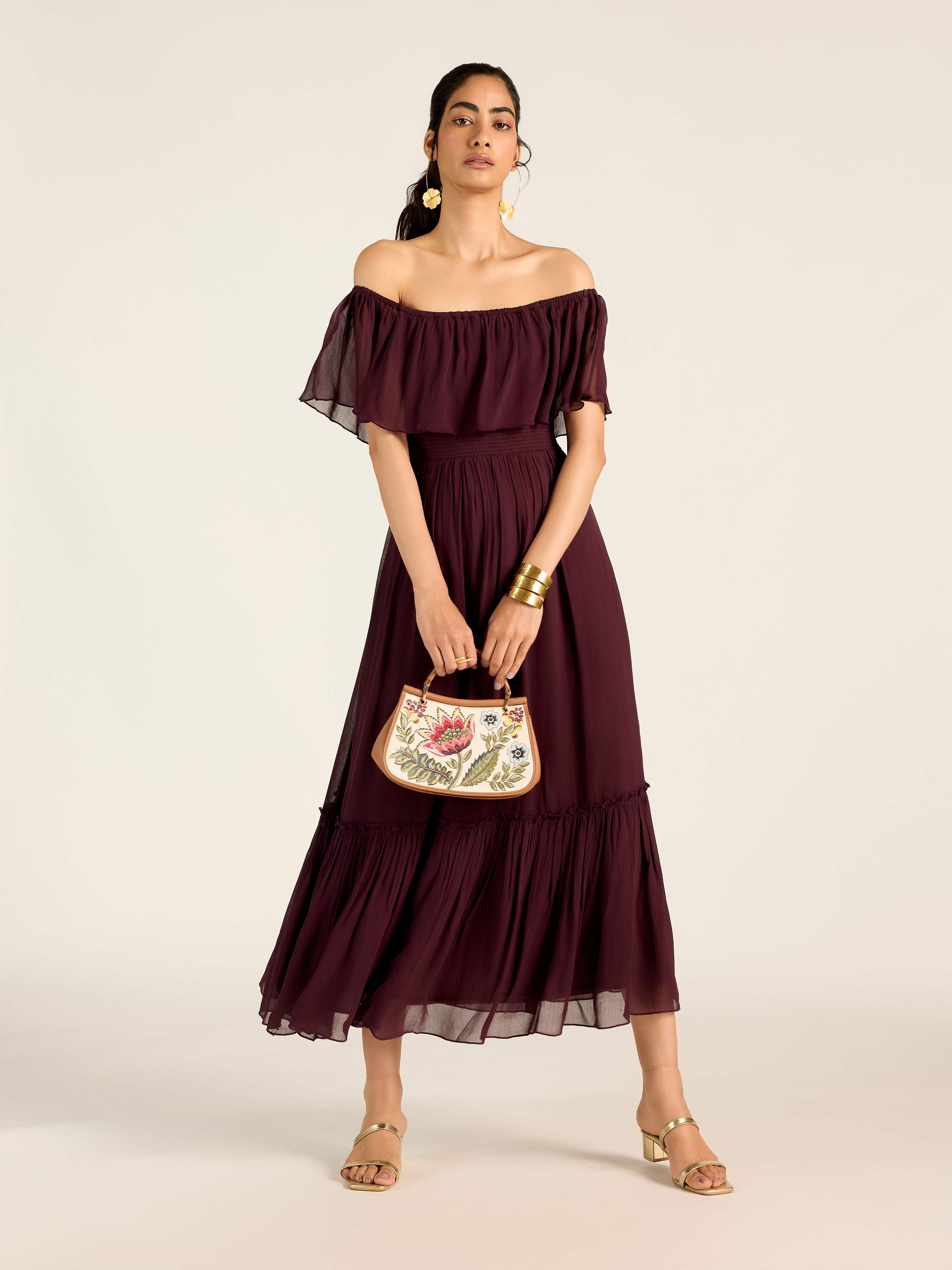 BROWN MARGO OFF-SHOULDER LONG DRESS