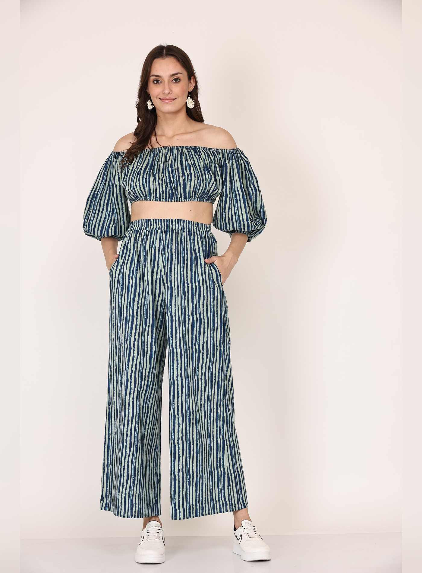 Alice18 Indigo Stripe Off-Shoulder Co-Ord Set.