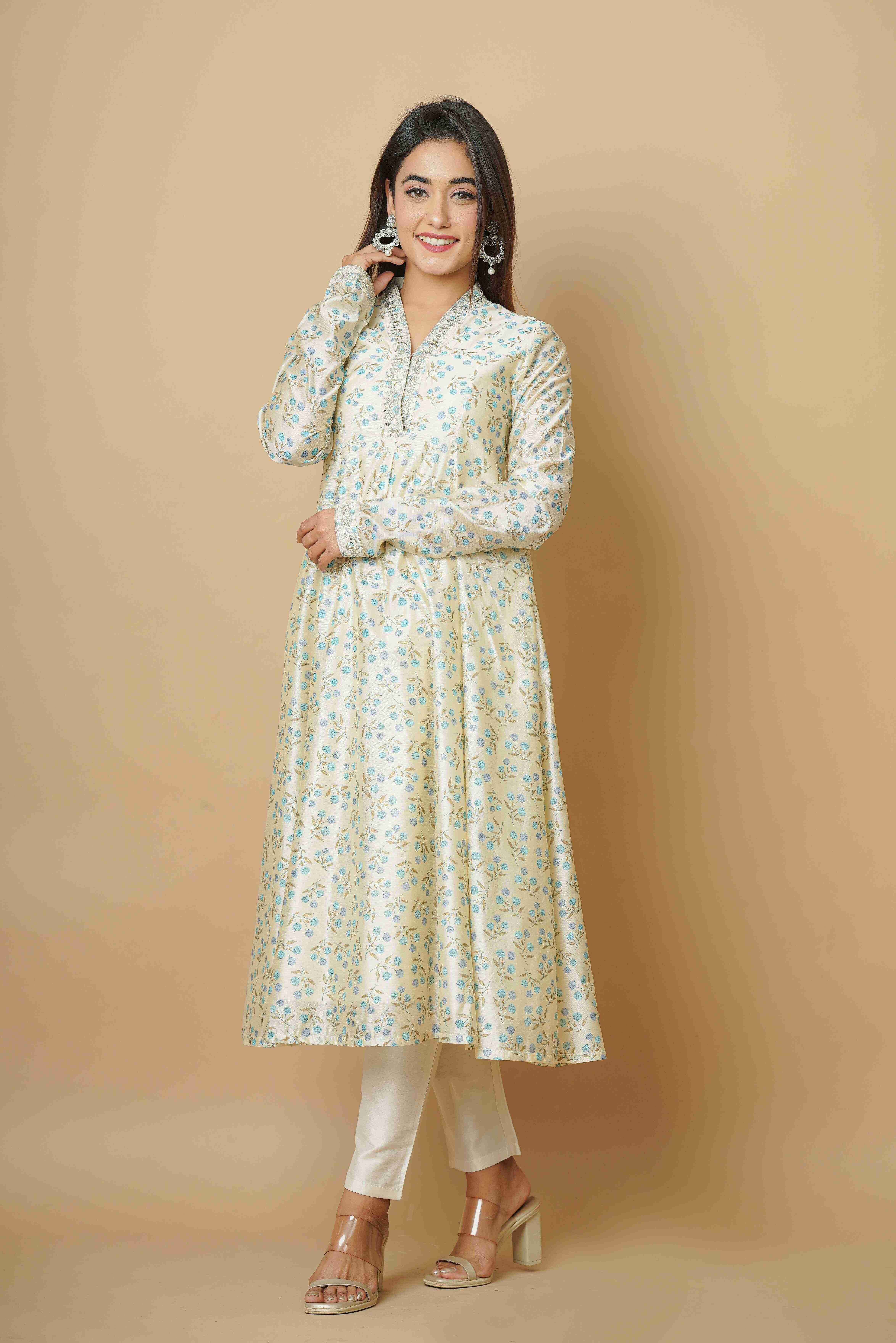 BEIGE EMBROIDERED PARTY WEAR KURTA SET