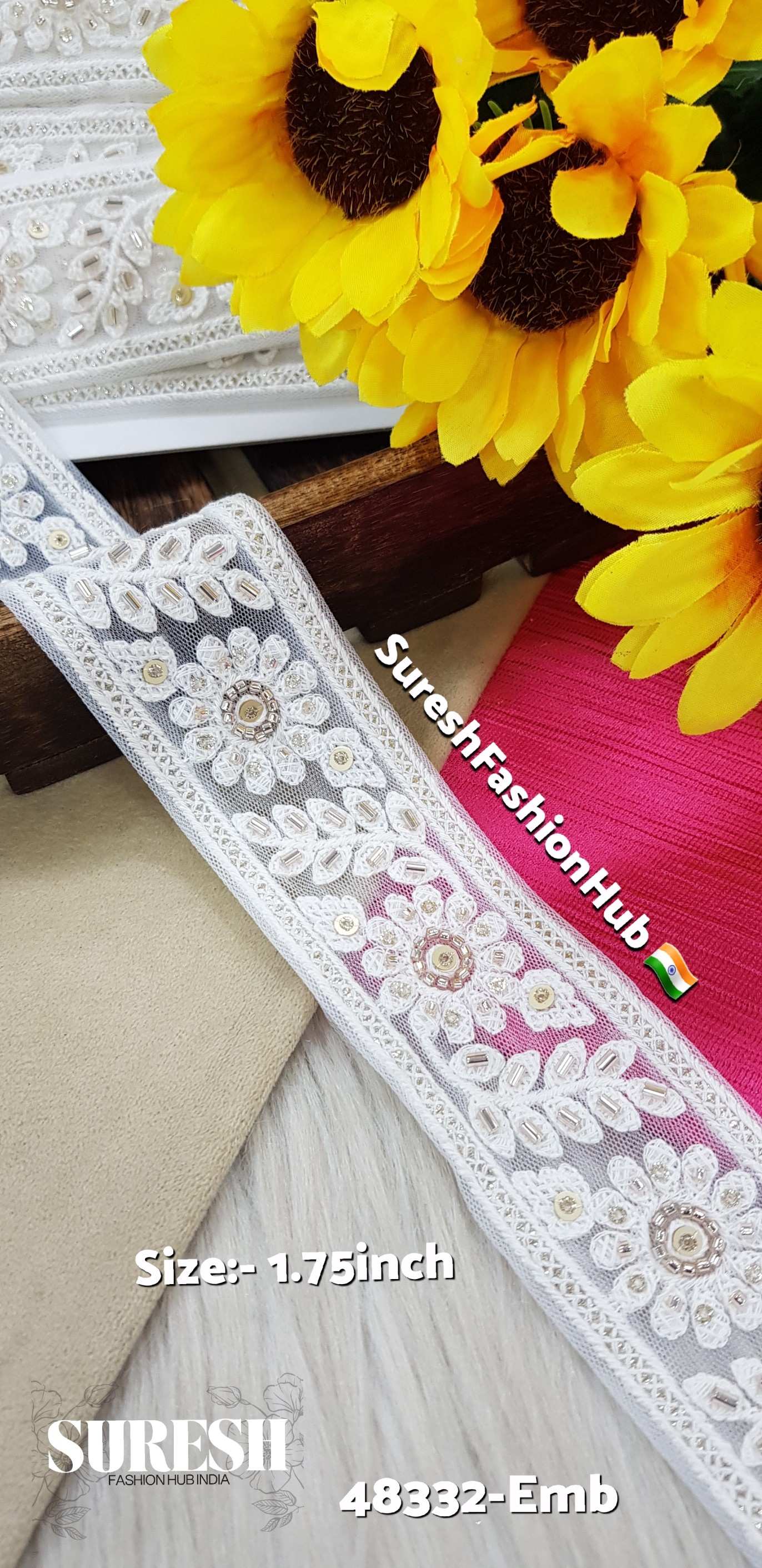 White with Rose Work Floral Net Embroidery Lace – 48332-Emb