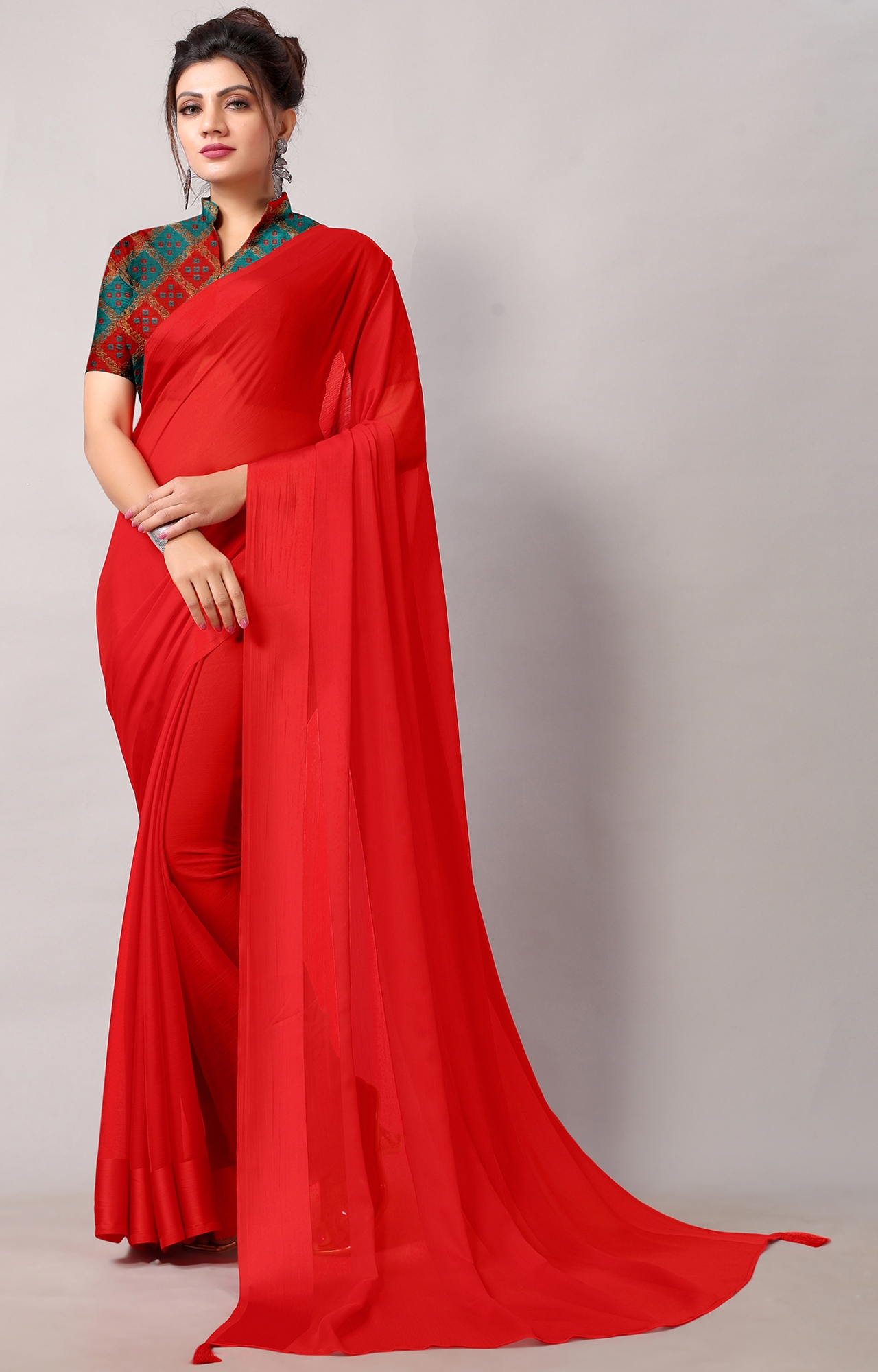 Women Red Chiffon Party Wear Solid Saree-HACFNSTNBDR1079RED