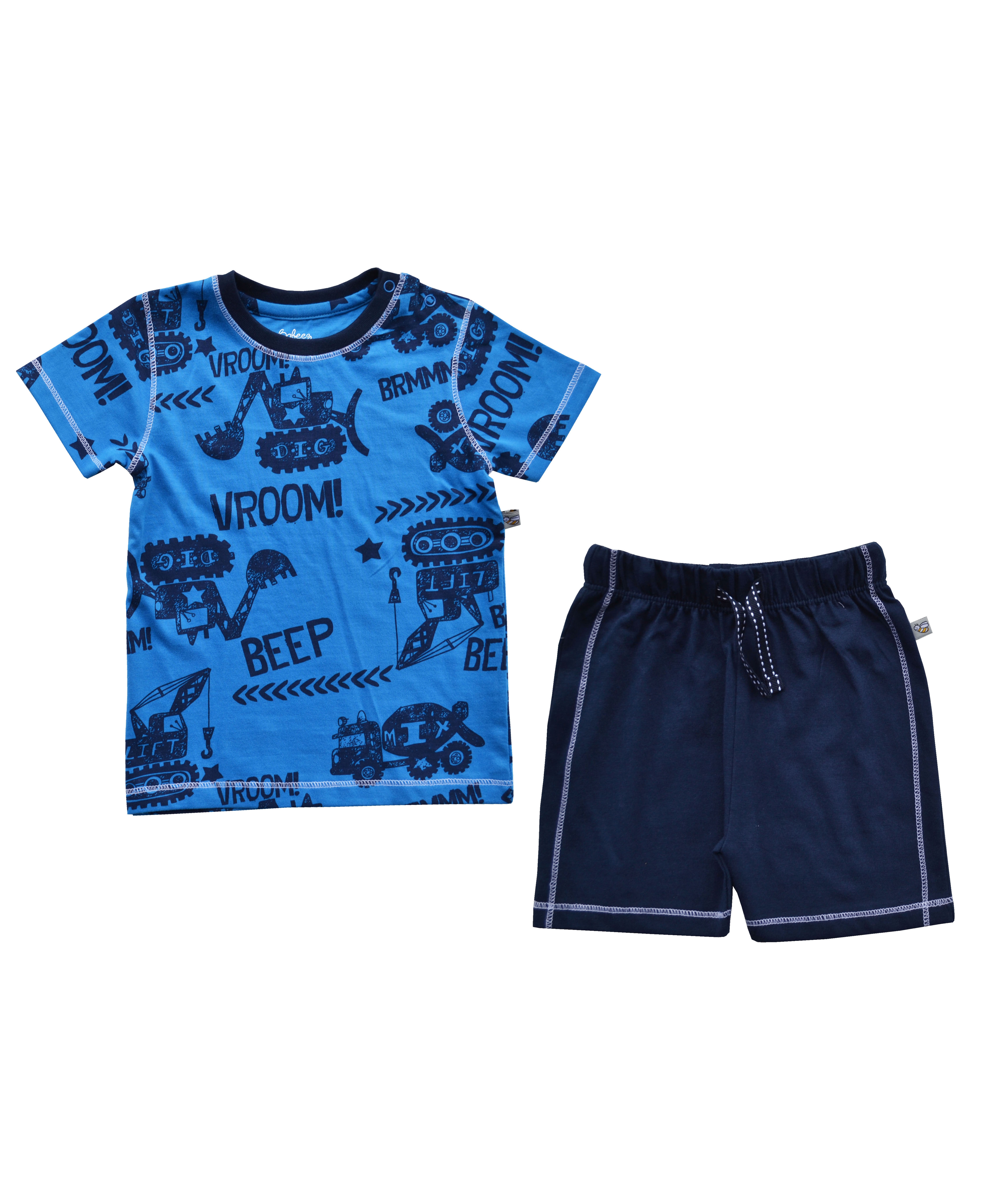Blue Allover Car Printed T-Shirt + Navy Shorty Set (100% Cotton Jersey)