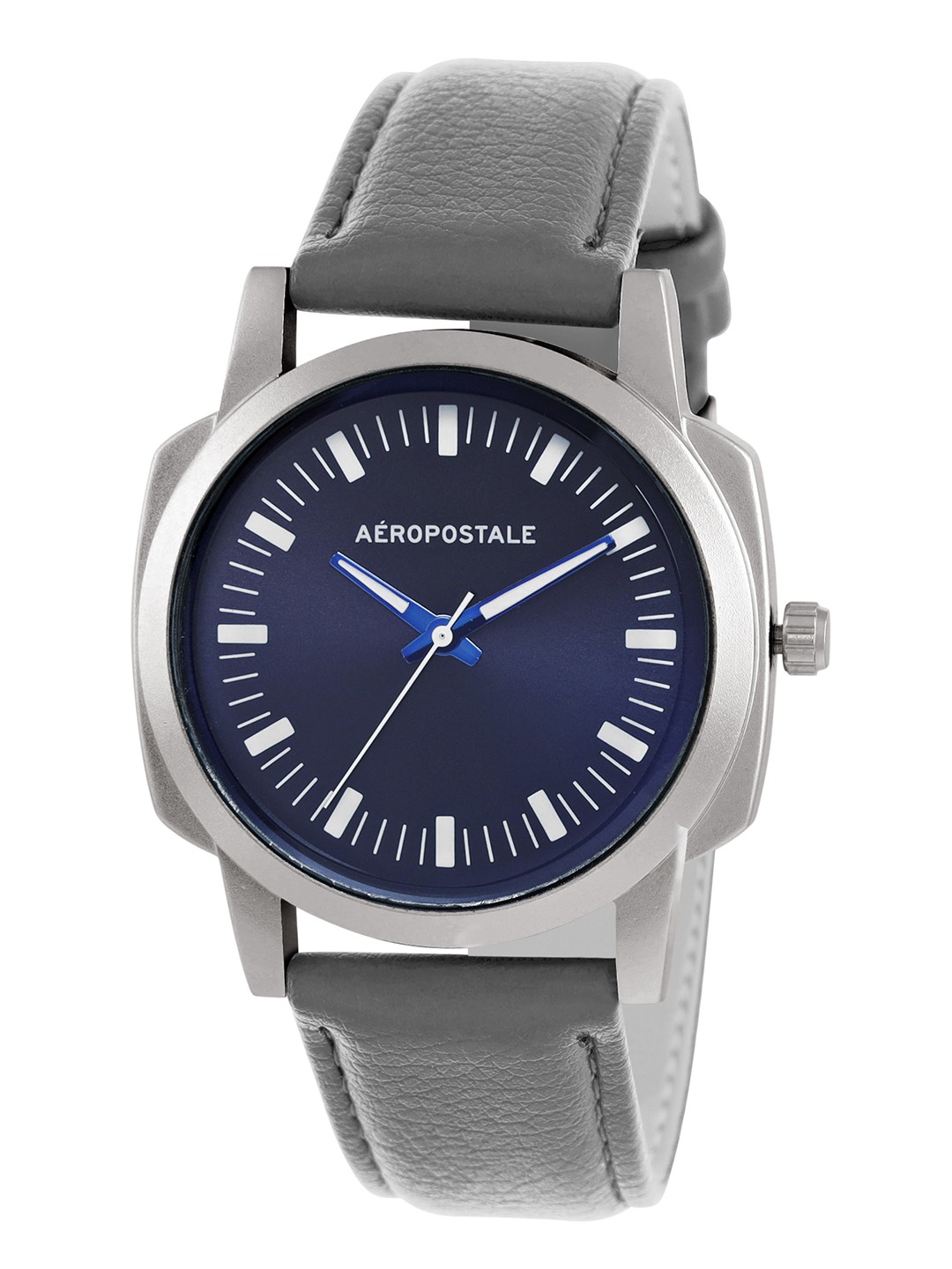 Aeropostale "AERO_AW_A13_BLU"  Classic Men’s Analog Quartz Wrist Watch, Chrome Metal Alloy case, Blue  Dial with Faux PU Leather classic Grey wrist Band Water resistant 3.0ATM
