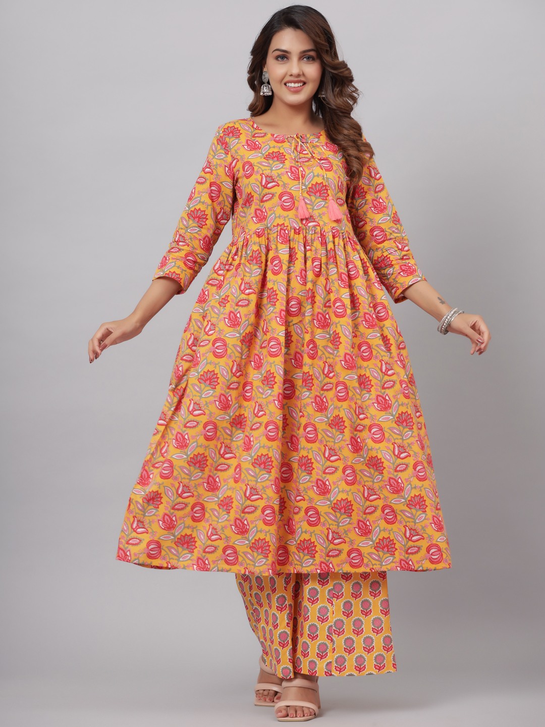 Floral Printed Tie-Up Neck Pure Cotton Kurta With Palazzo