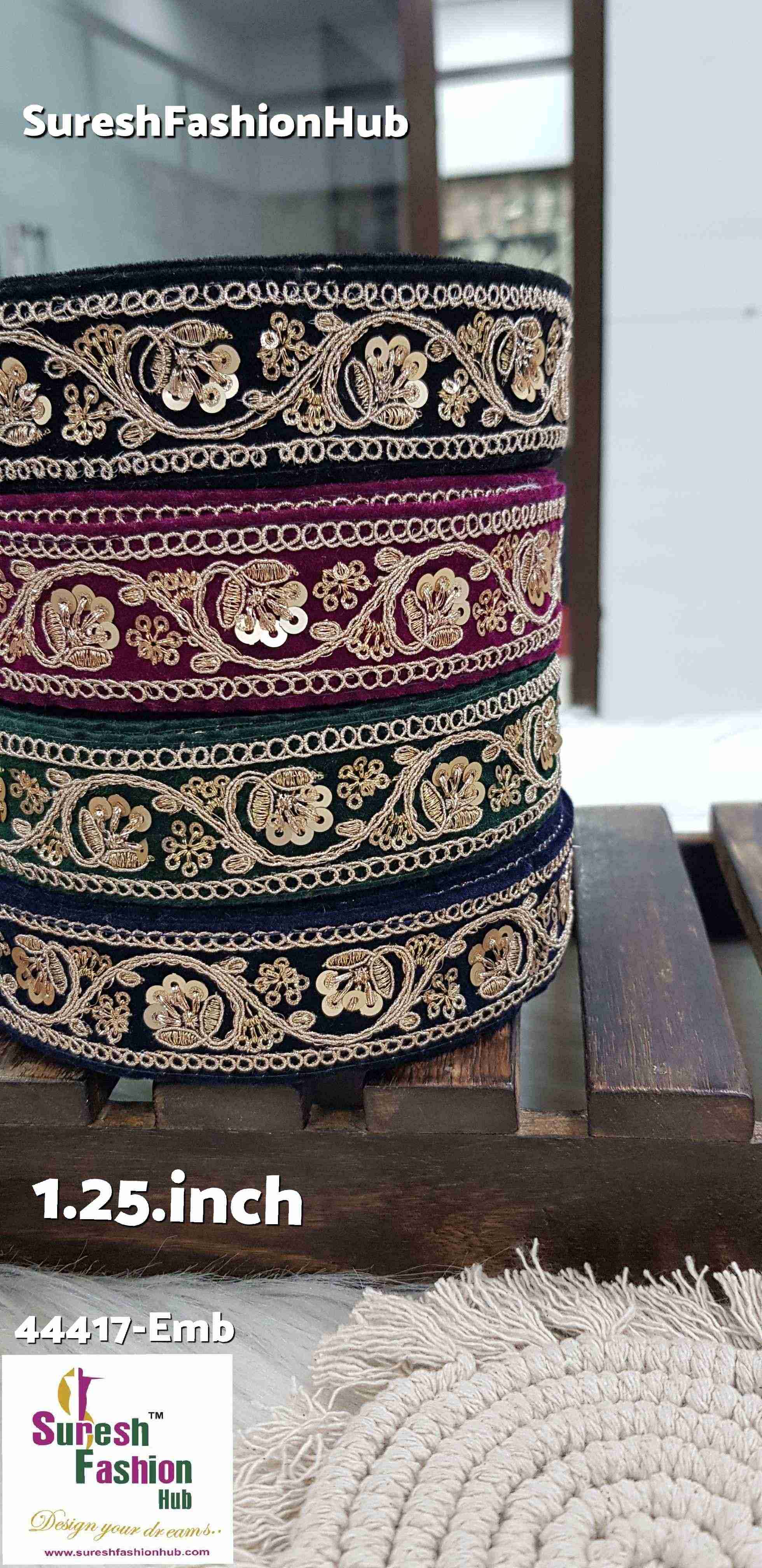 Floral Navy Blue Velvet Sequin Border