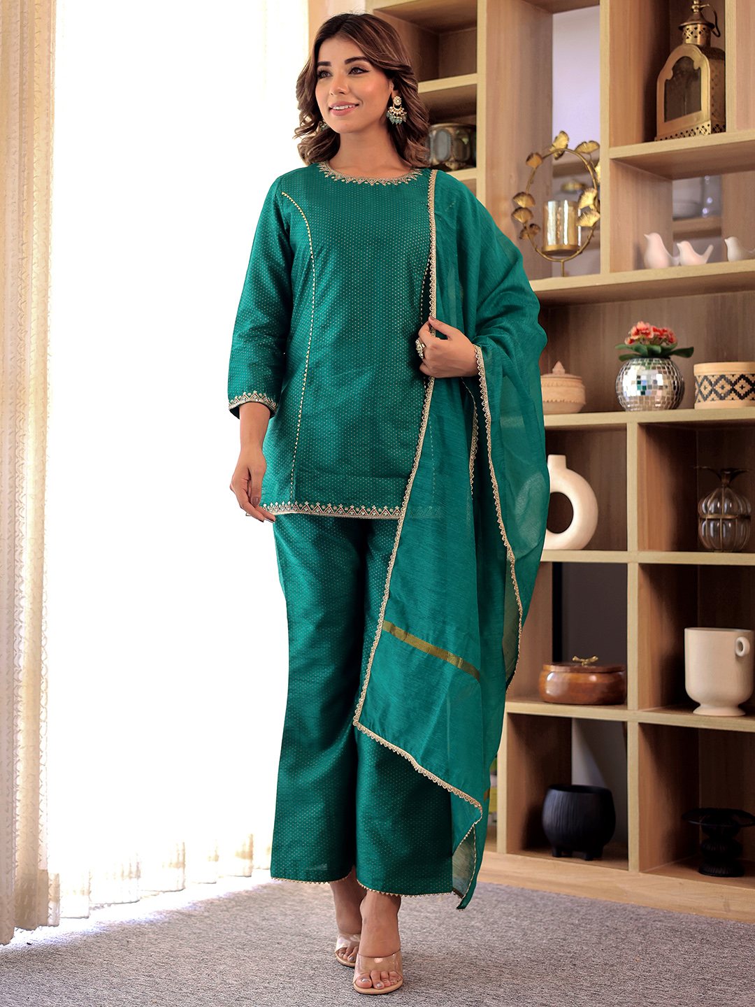GREEN EMBROIDERED KURTA WITH BELL BOTTOM PANT & DUPATTA