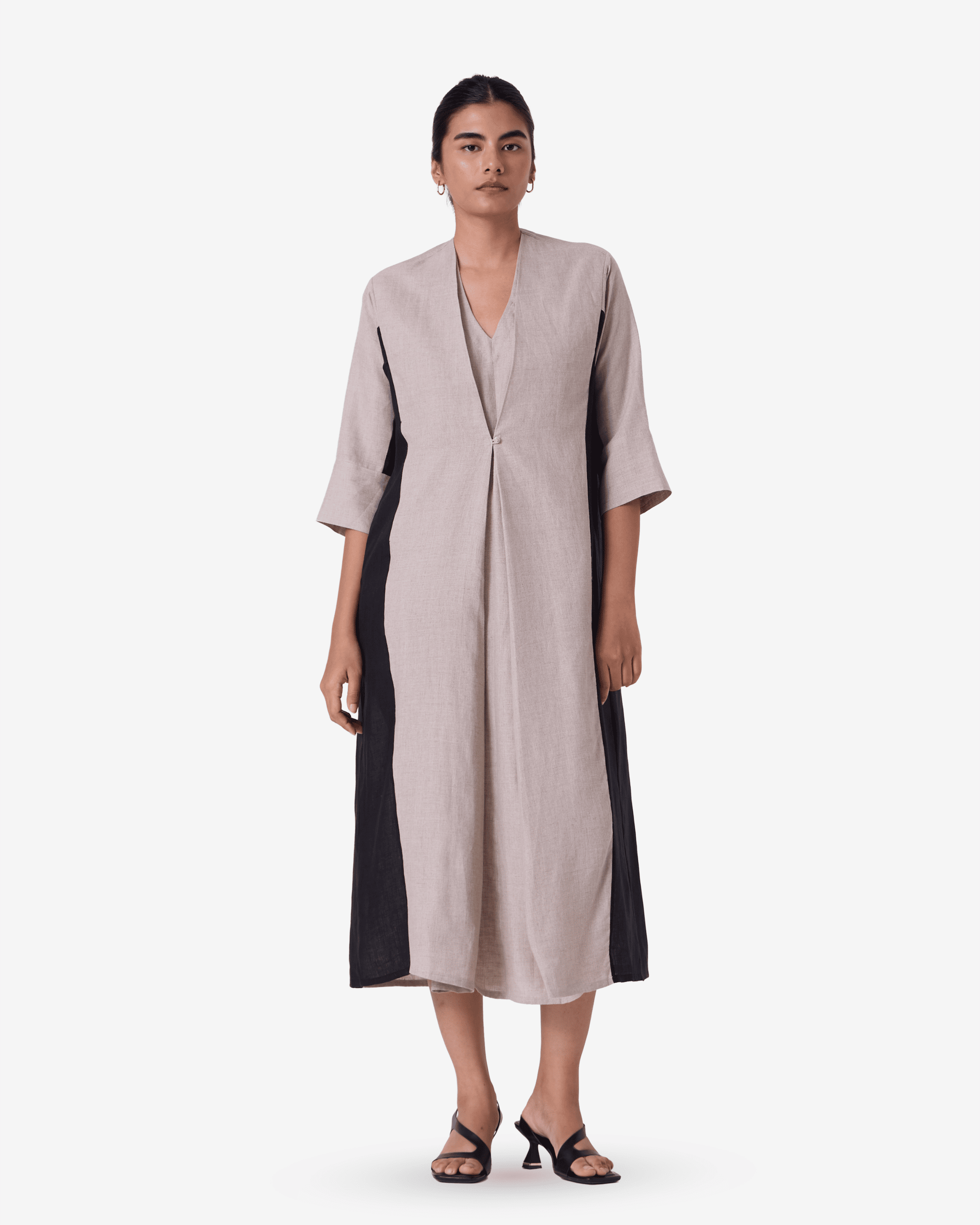 Kaku Beige Linen Panelled Midi Dress