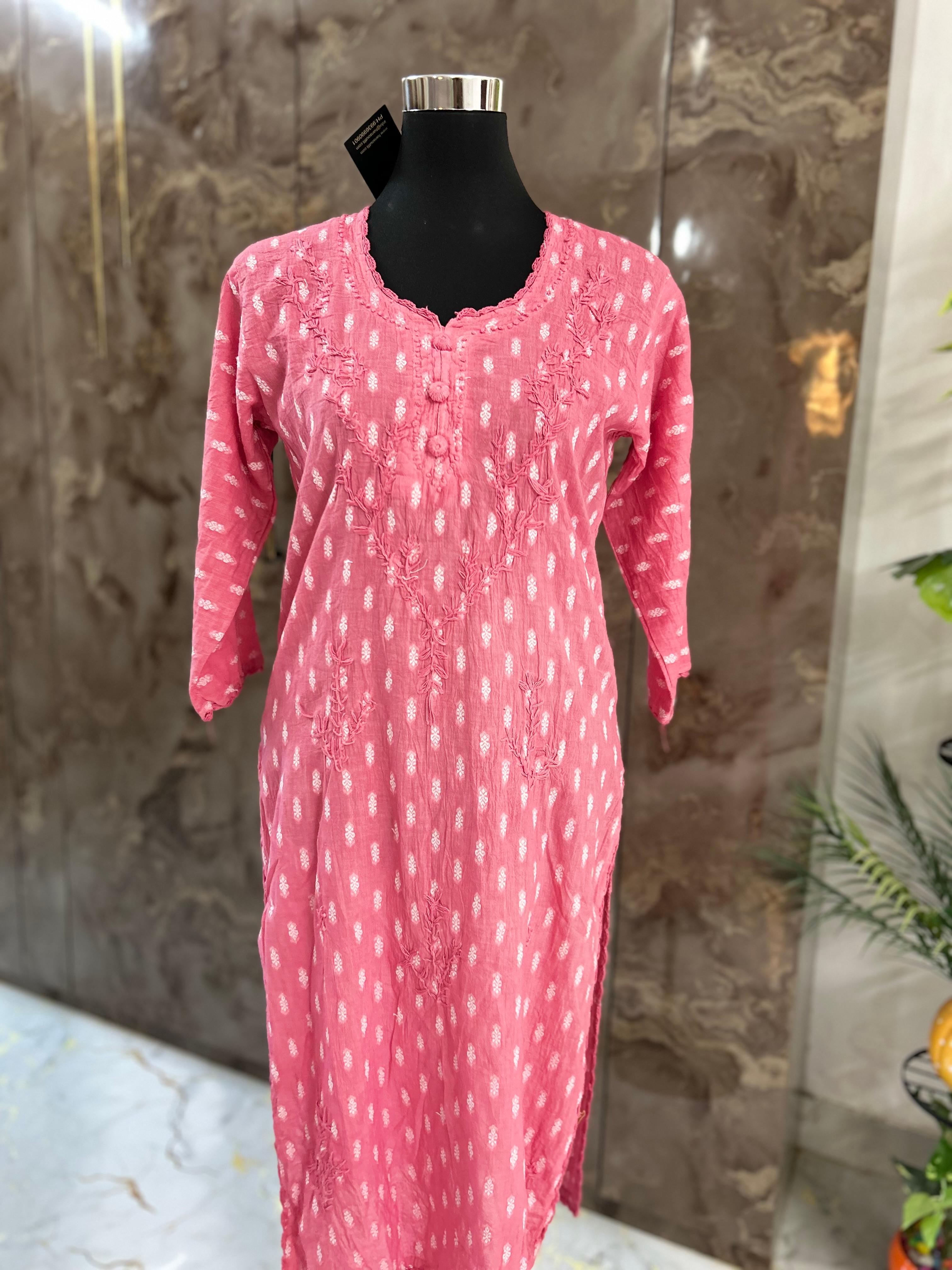Peach Lucknowi chickenkari cotton  kurta