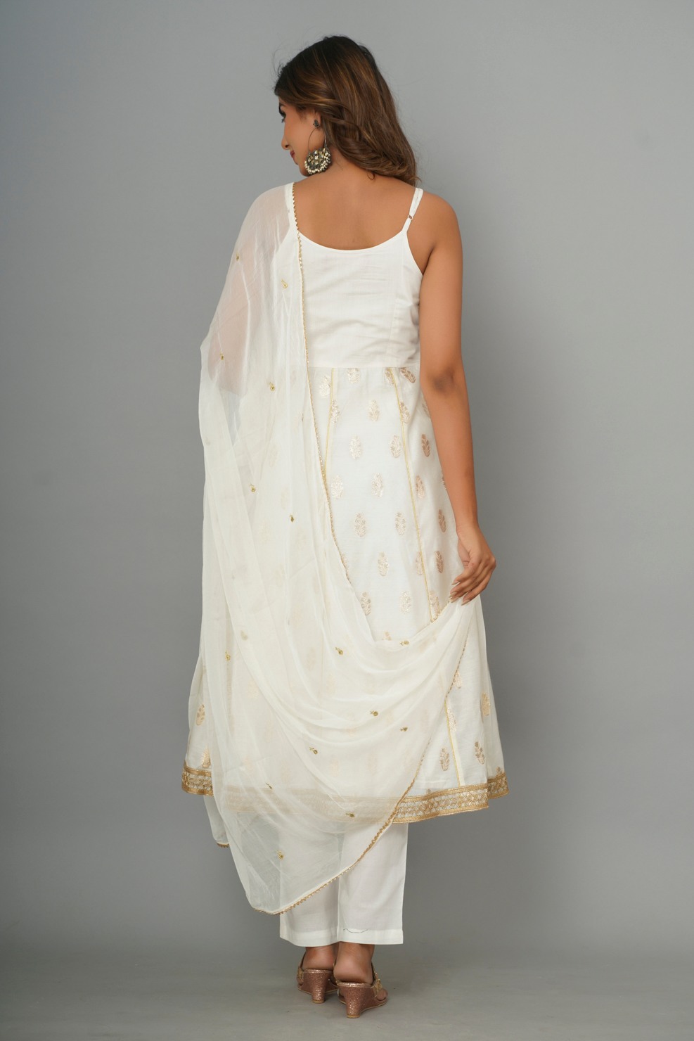 White Chanderi Anarkali Kurta Pant With Dupatta