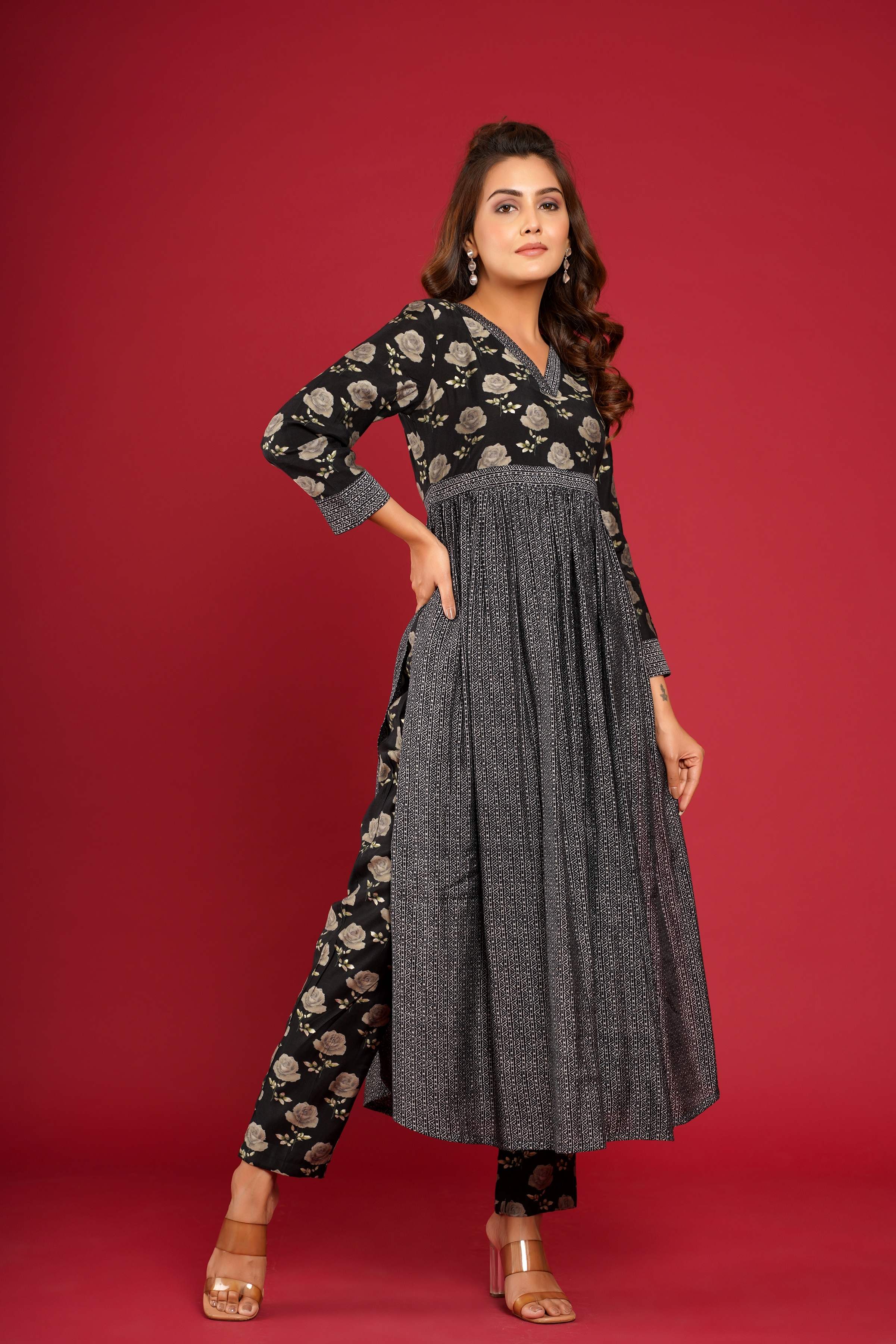 Black Floral Long Kurta Pant Set