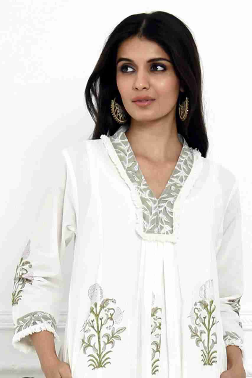 Naksh White Cotton Loose A-Line Kurta With Placement Block Printing