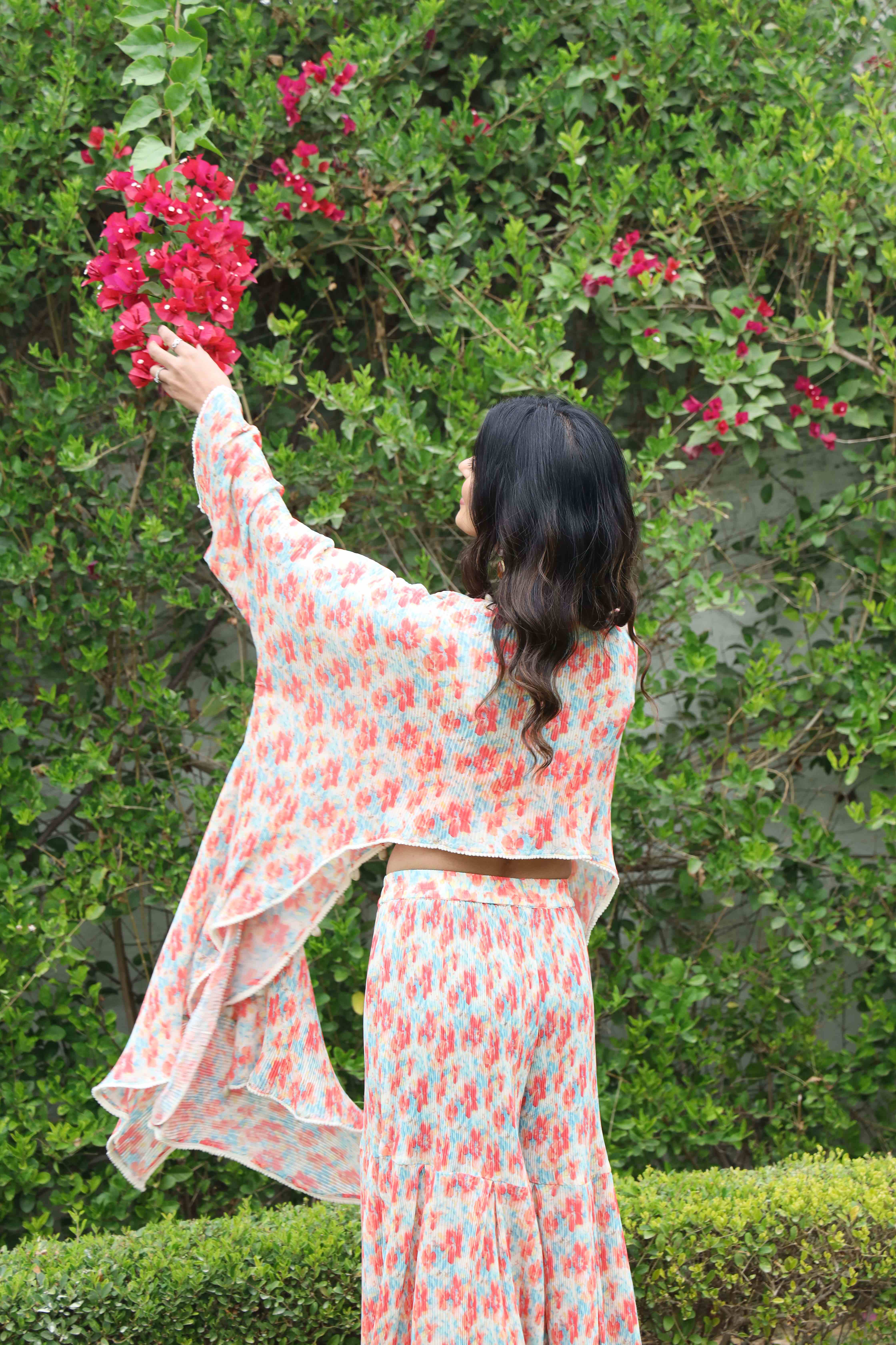 Women's Printed Embroidered kaftan top with sharara