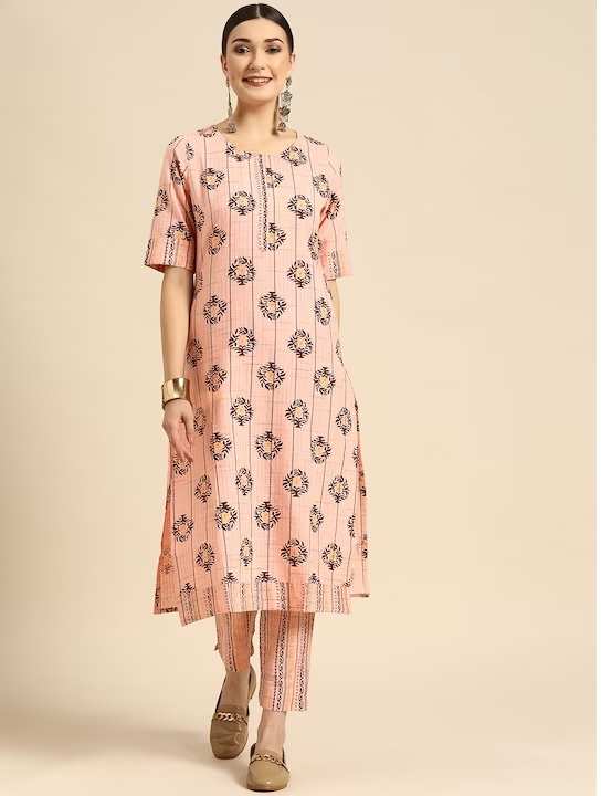Women Peach-Coloured Ethnic Motifs Printed Kurta with Trousers