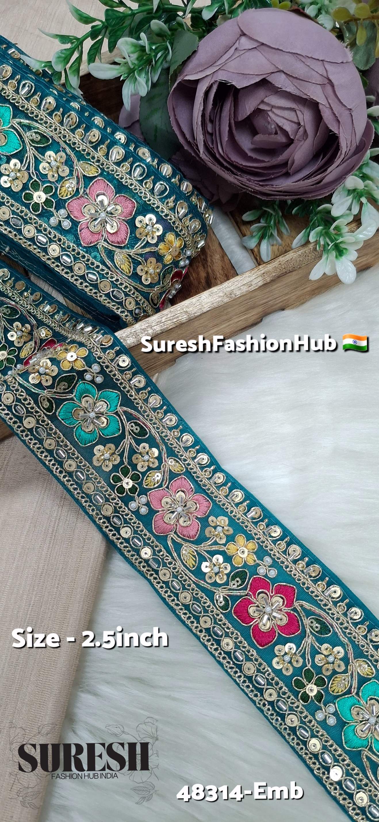 Petrol Rama Green Multicolor Kaddana Floral Embroidery Lace