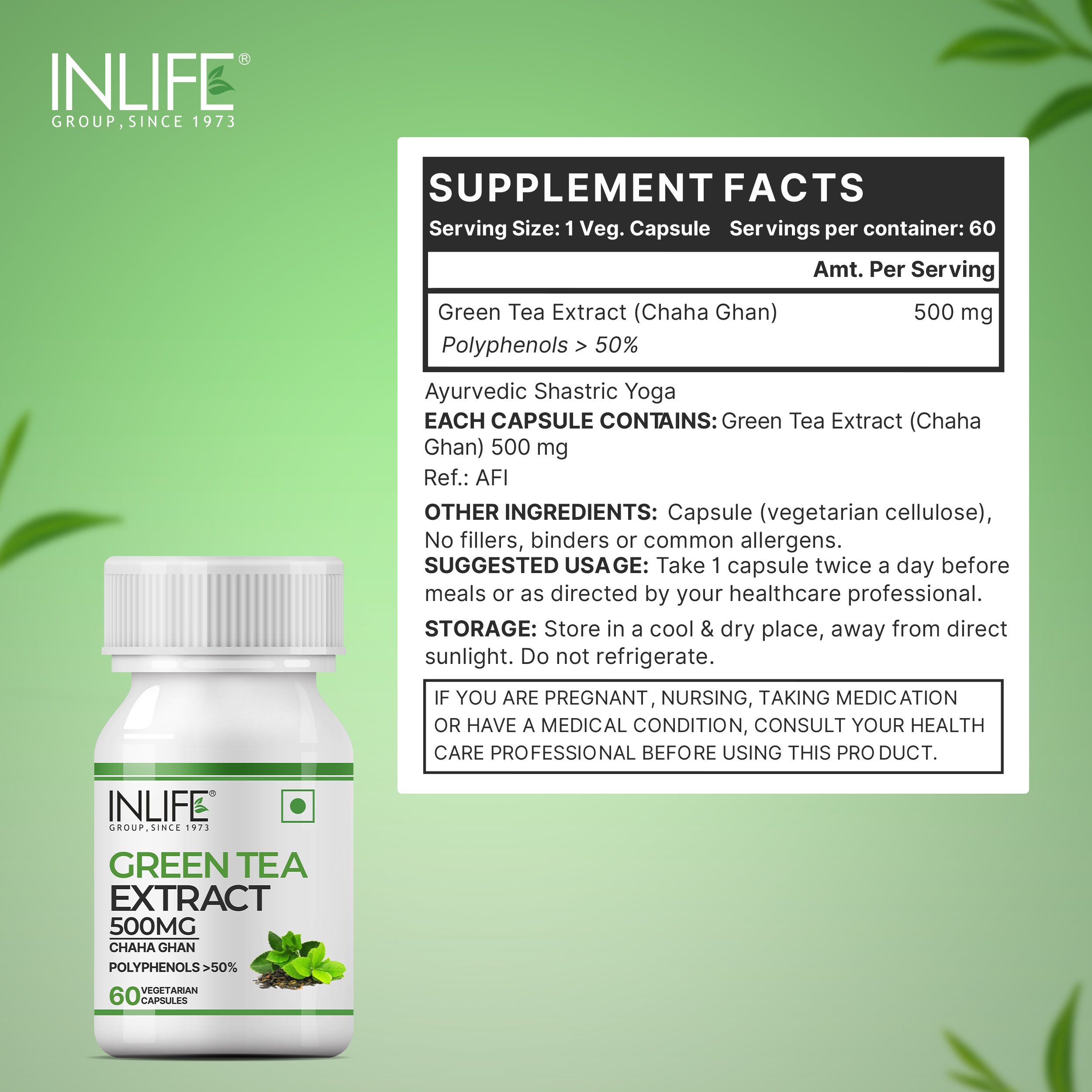 Inlife | Green Tea Extract Capsules | Standardised to 50% Polyphenols | Antioxidant | 60 Veg Cap