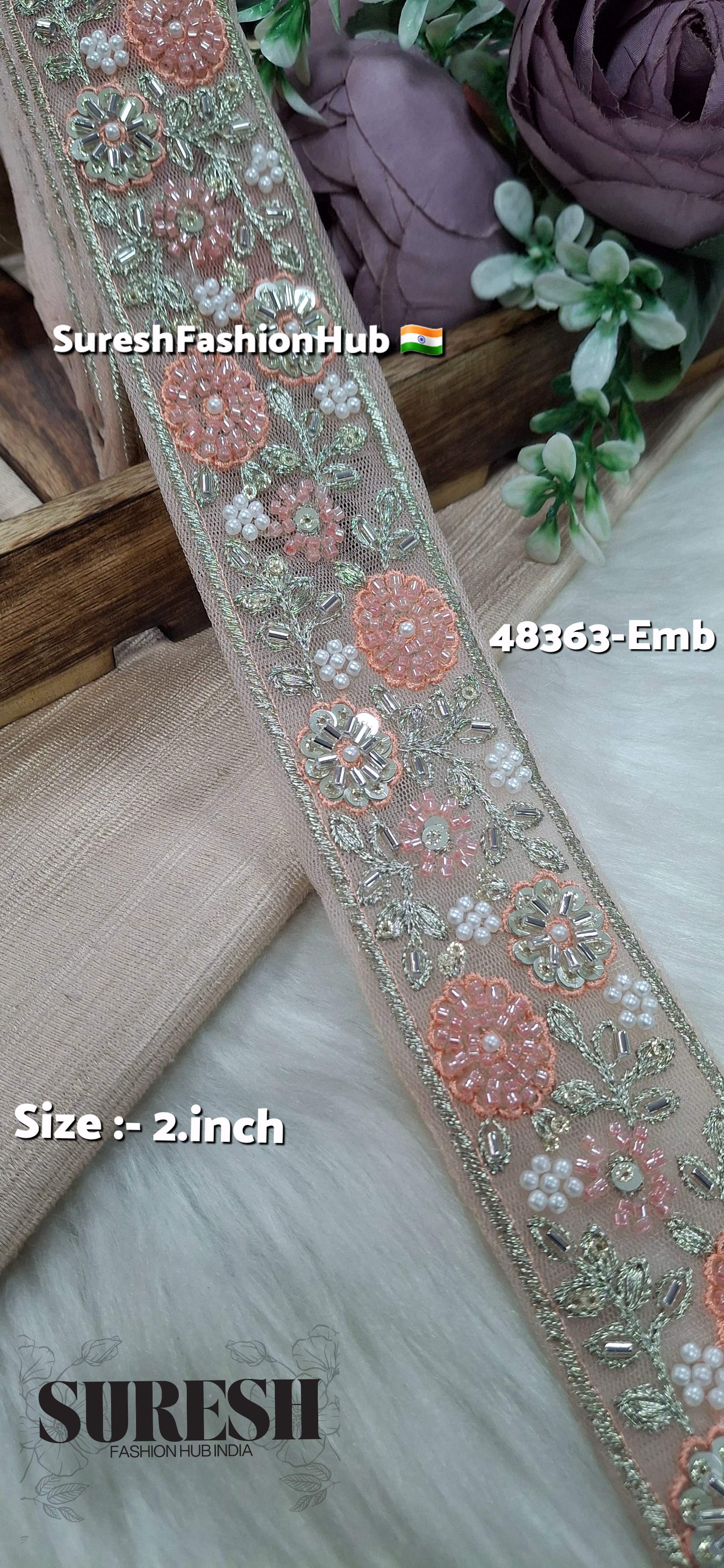 Dark Peach Beaded Floral Net Embroidered Lace