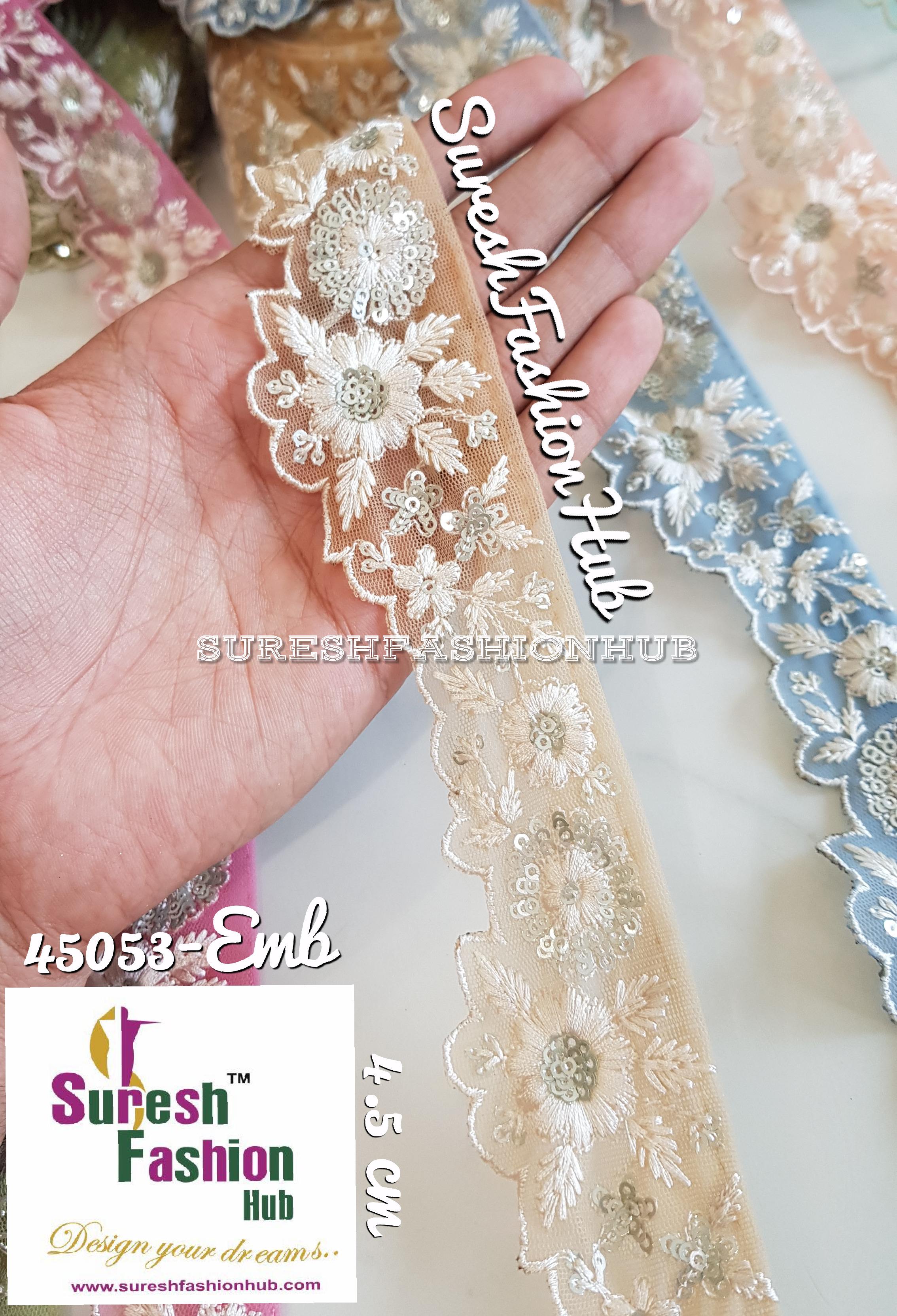 Elegant Beige Color Cutwork Floral Embroidered Mesh Trim