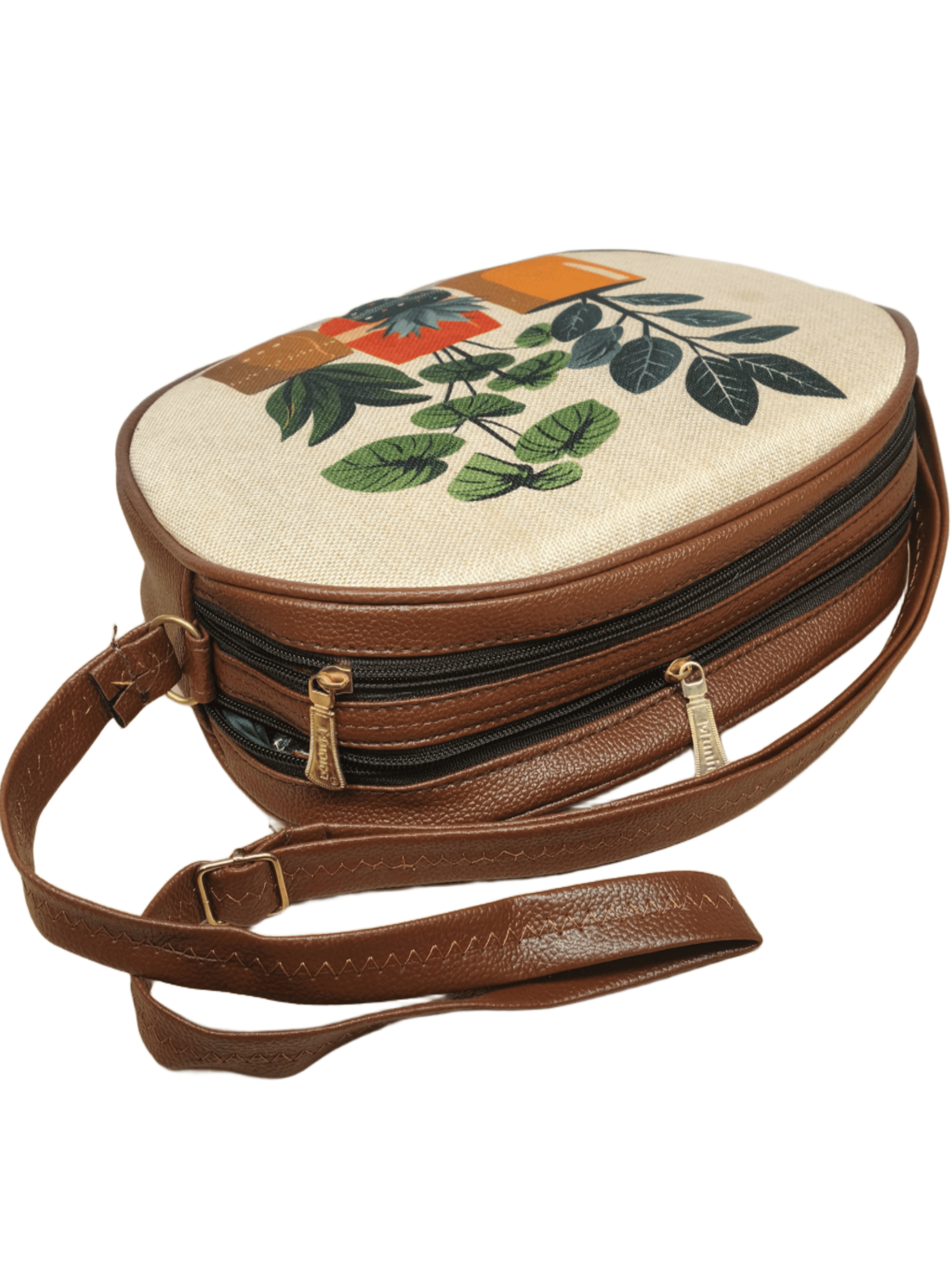 Bengal Classic Co Women's Plant Print Canvas Sling Bag with Brown Trim