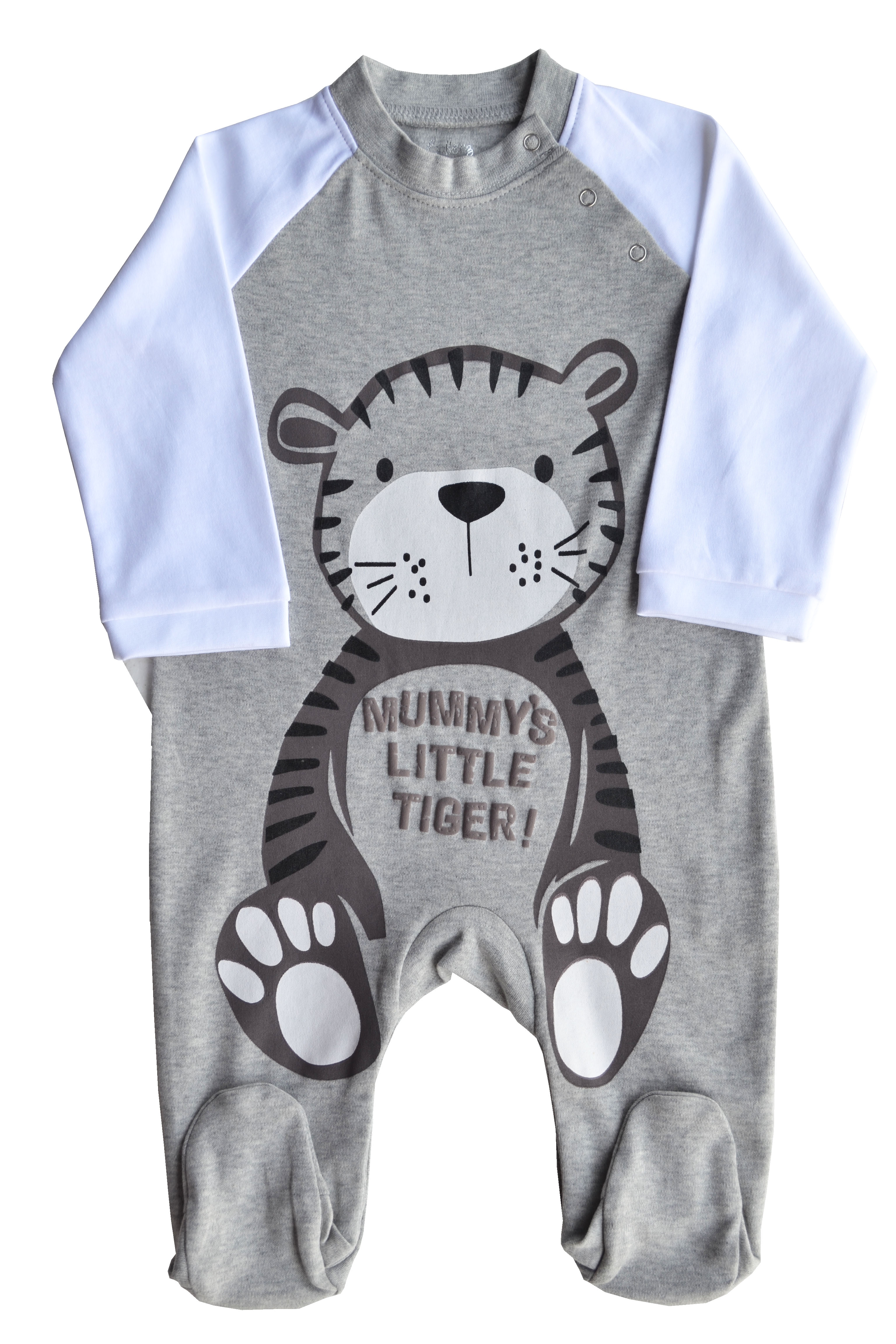 Grey Romper/Sleeper with White Full sleeves Feet with Tiger Print