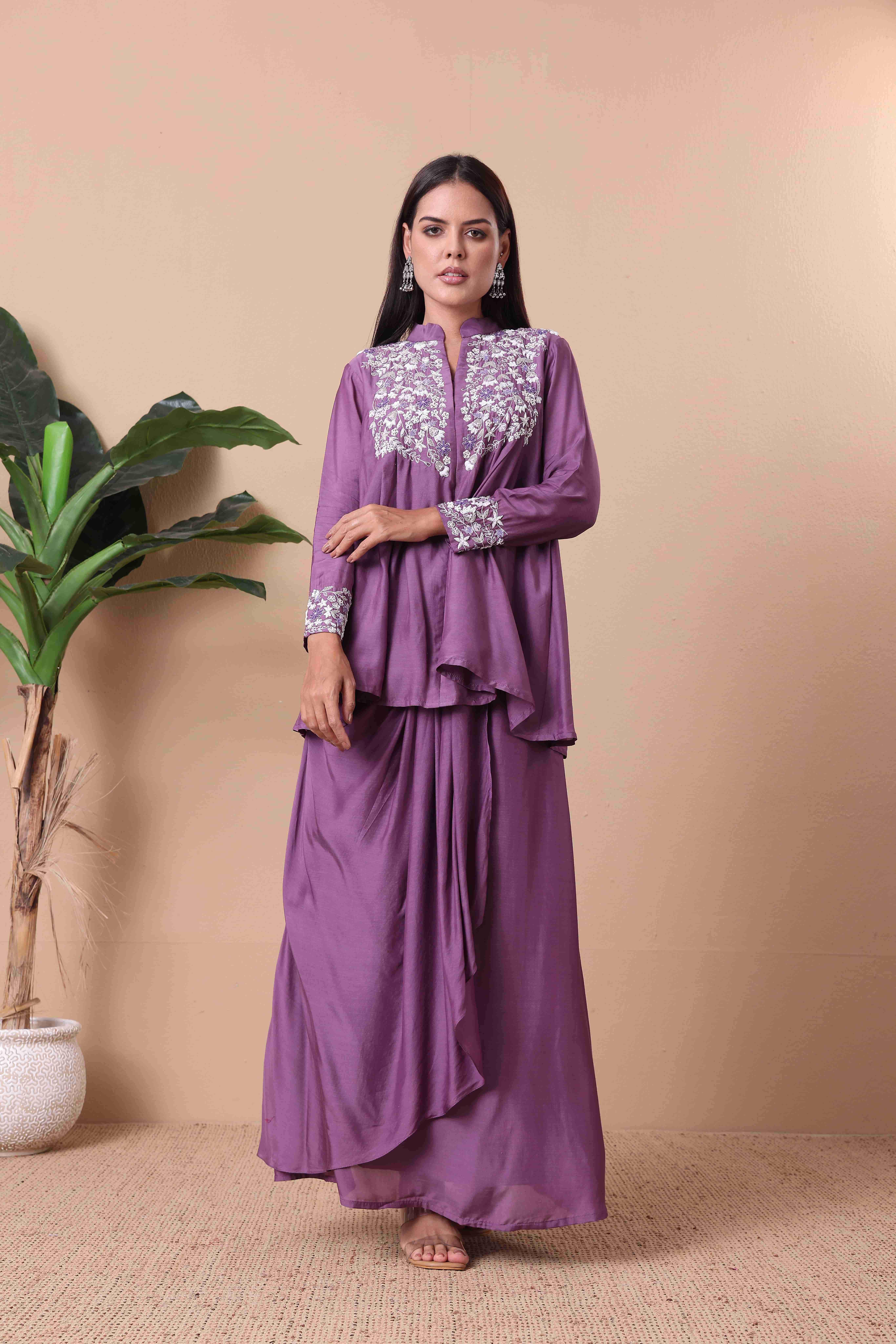 Lavender Flowy Kurta Set with Delicate Embroidery