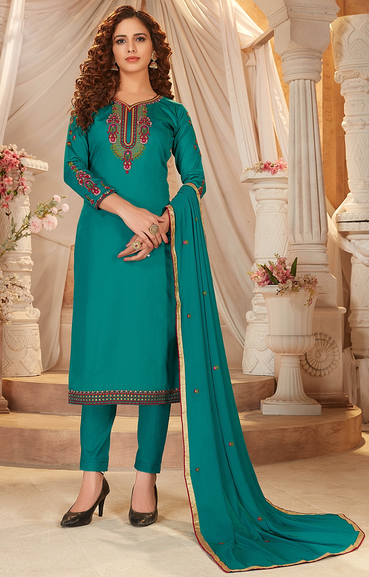 Green Color Cotton Embroidered Unstitched Dress Material-FL_PANKHUDI1068_DM