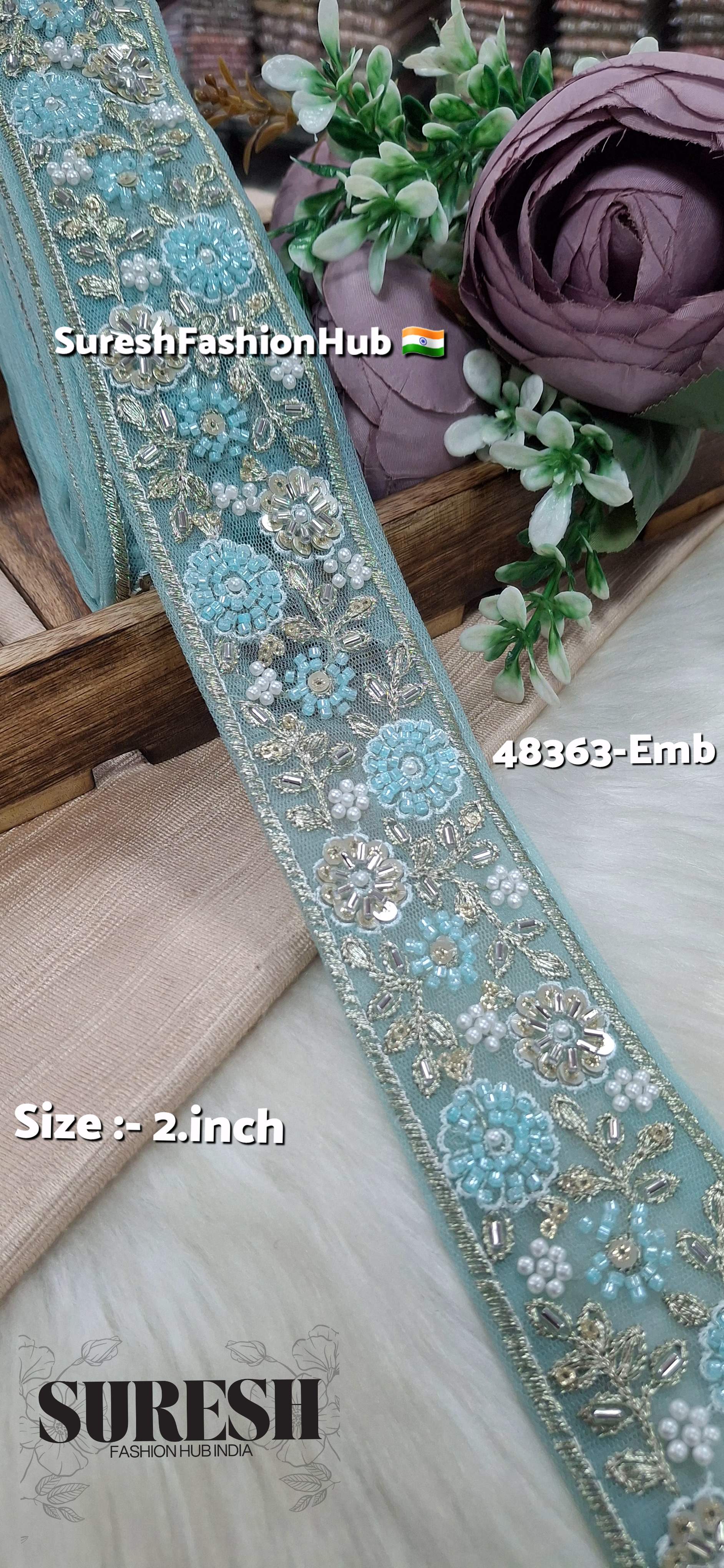 Aqua Beaded Floral Net Embroidered Lace