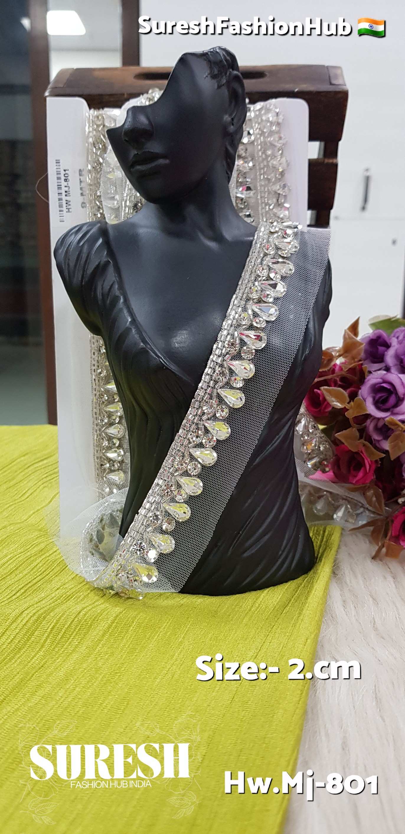 Silver Rhinestone & Cutdhana Leaf Handmade Lace – Design No. Mj-801