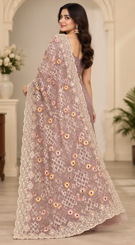 Romshay Fabrics Women's Purple Organza Fancy Embroidered Saree