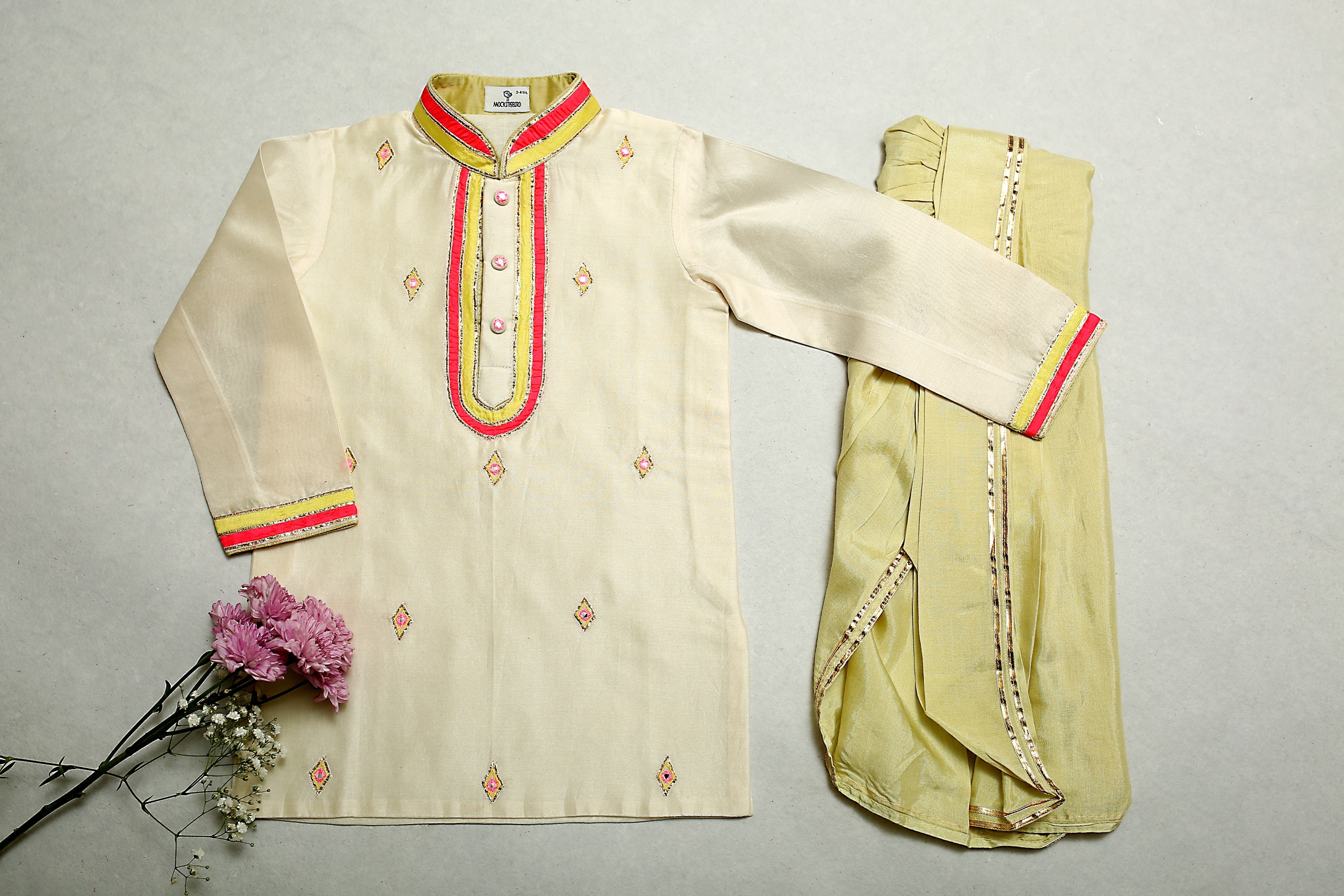 Ivory Kurta With Green Dhoti