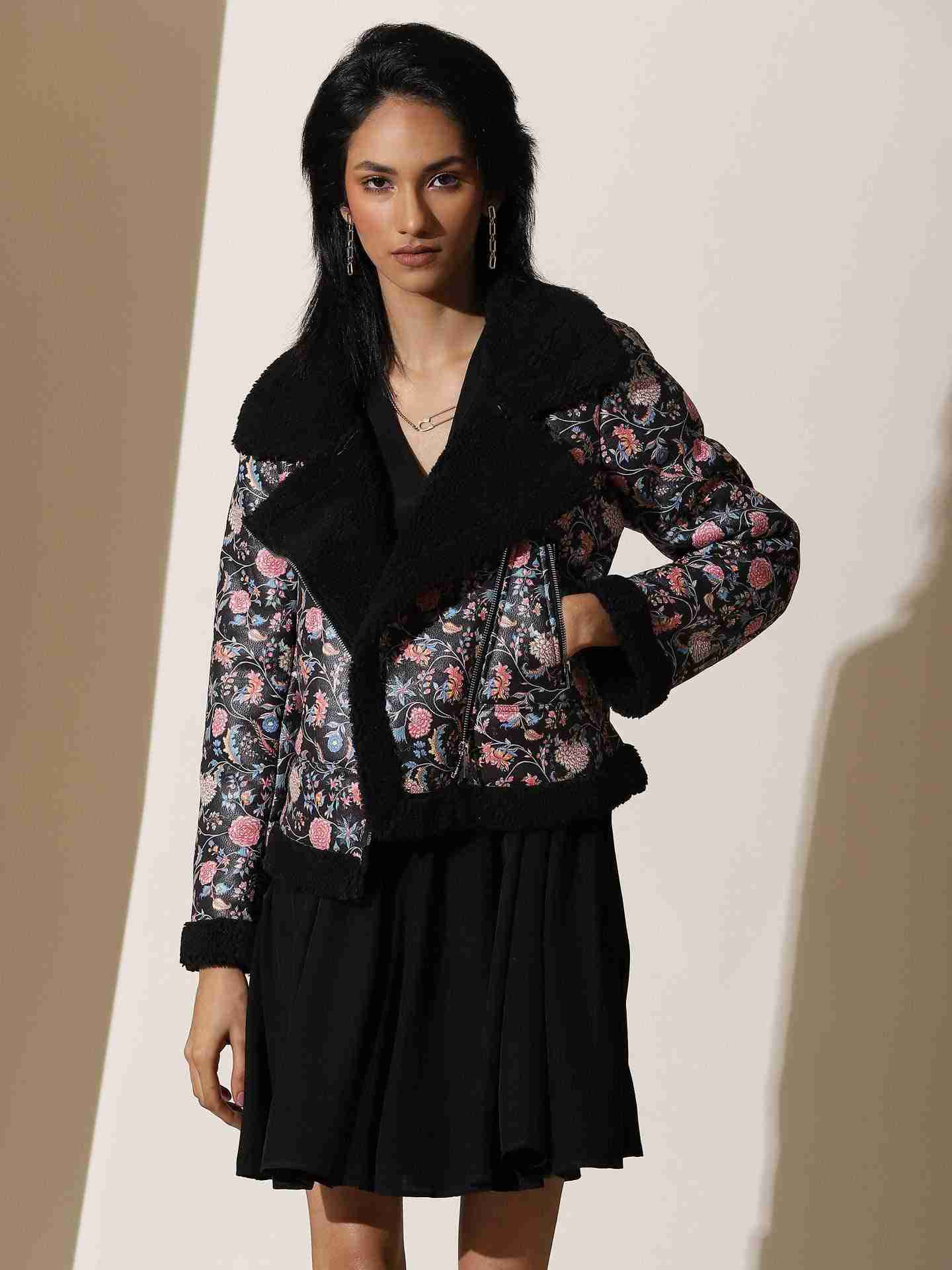 Black Antalya Printed Biker Jacket