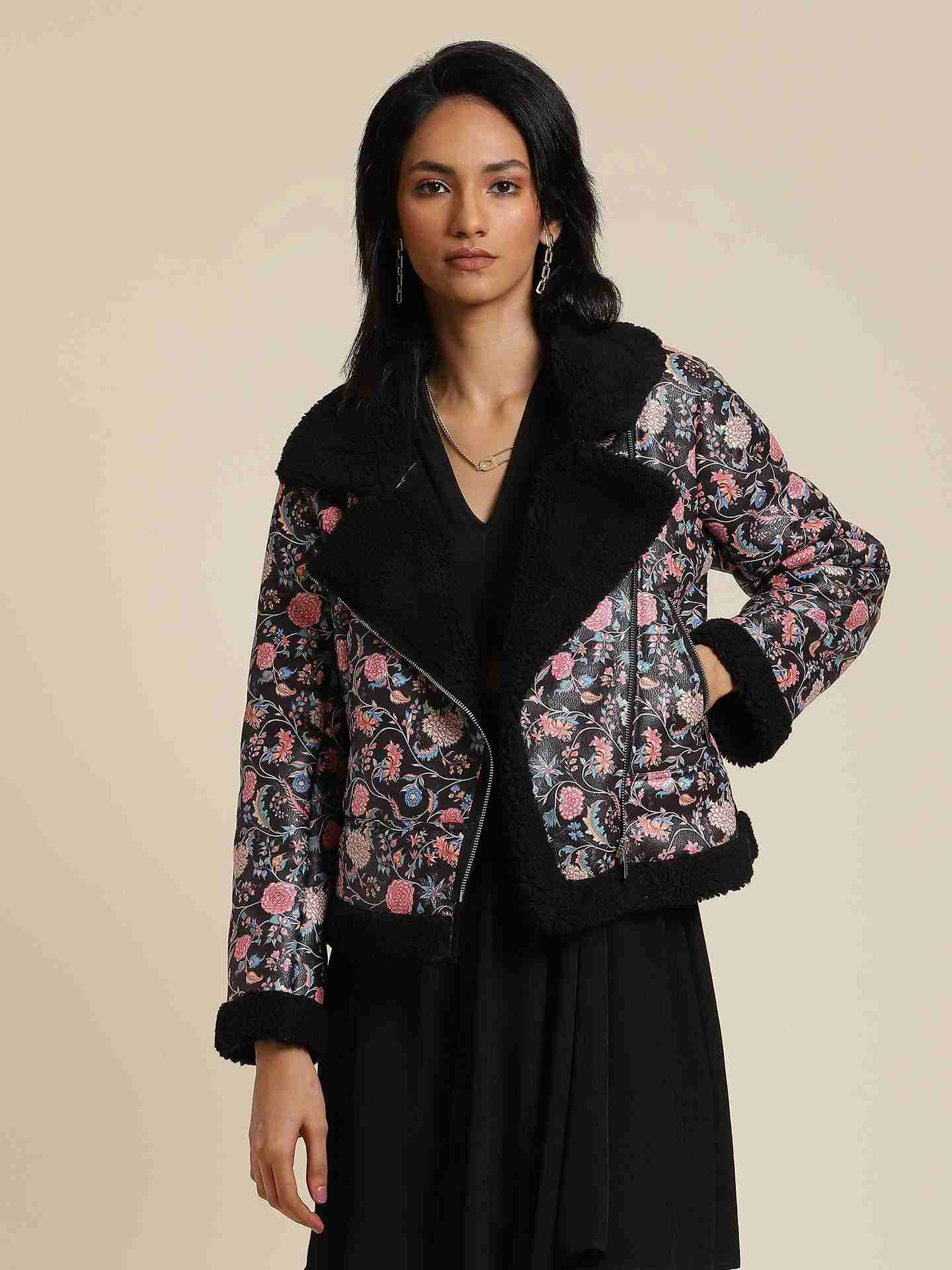Black Antalya Printed Biker Jacket
