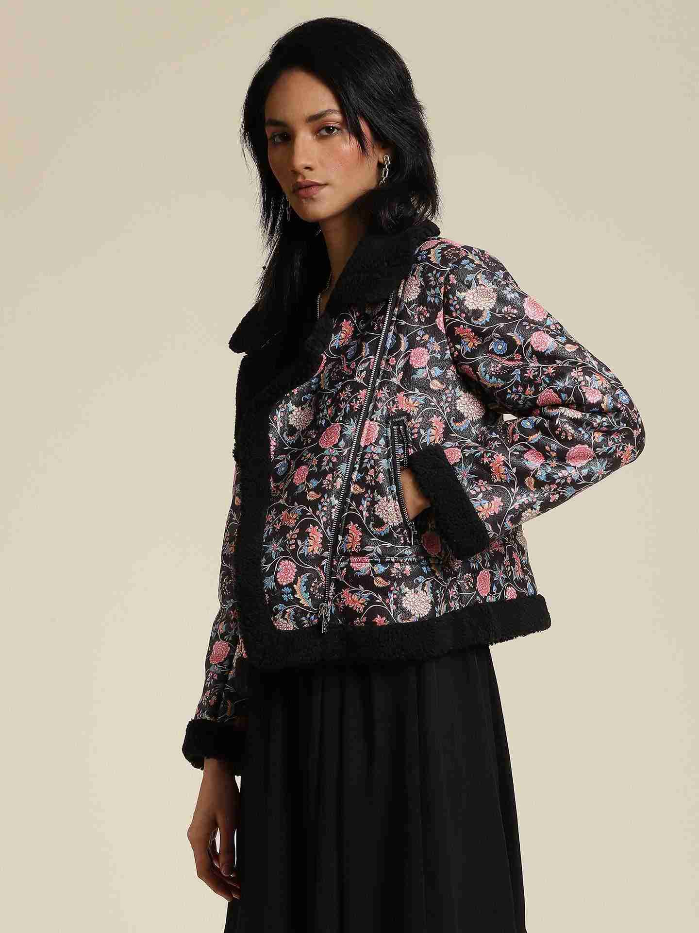 Black Antalya Printed Biker Jacket