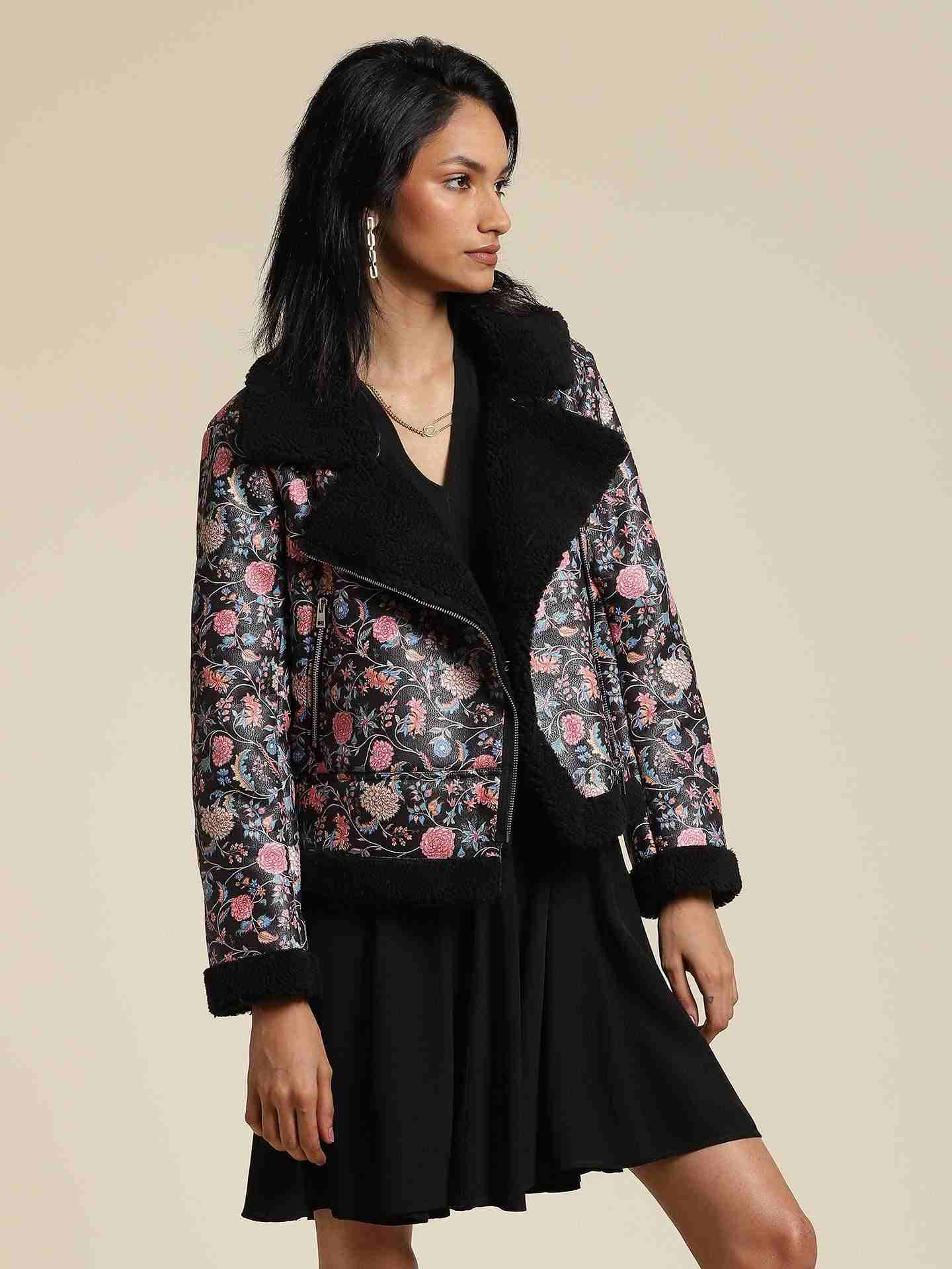 Black Antalya Printed Biker Jacket