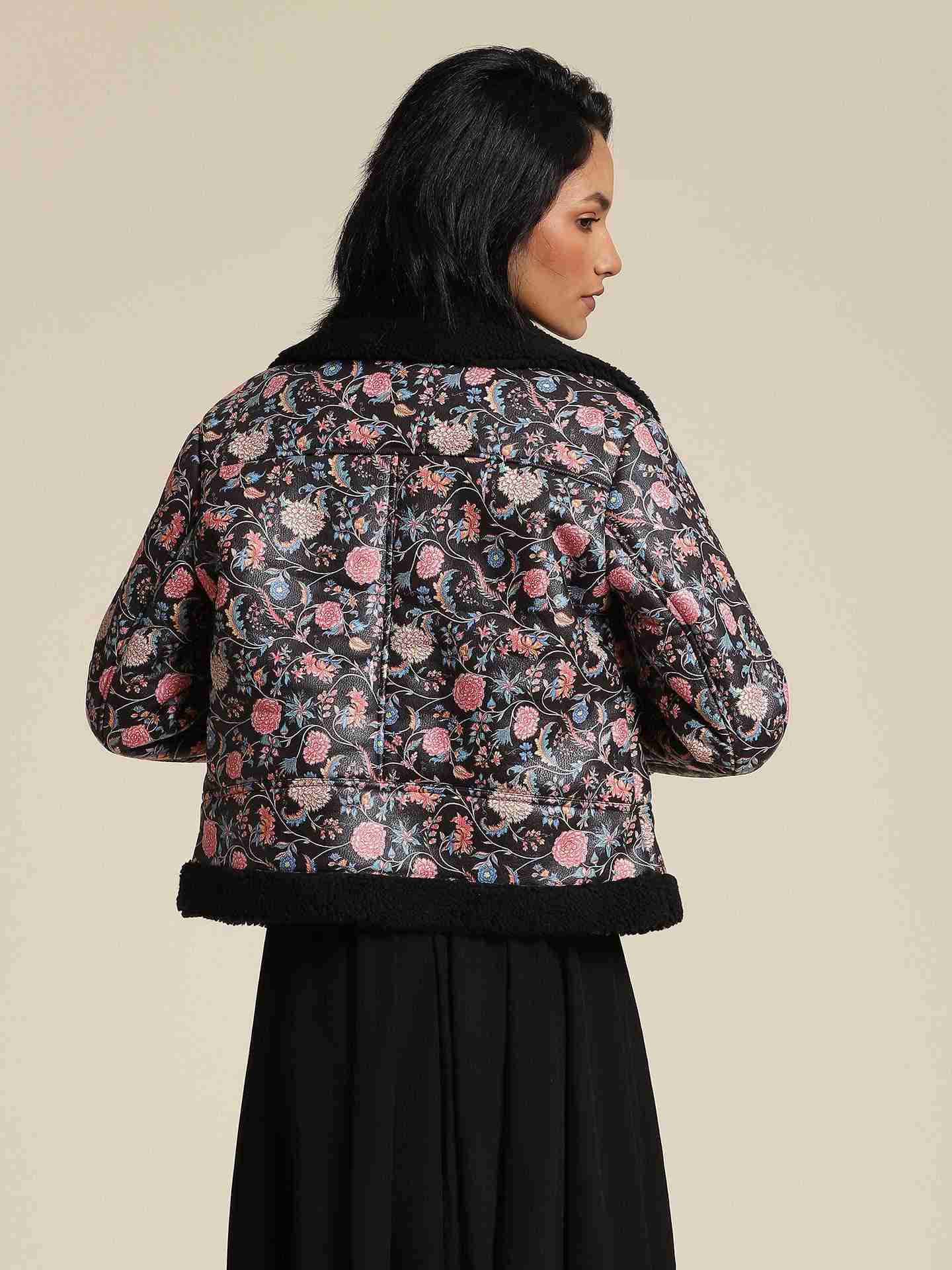 Black Antalya Printed Biker Jacket