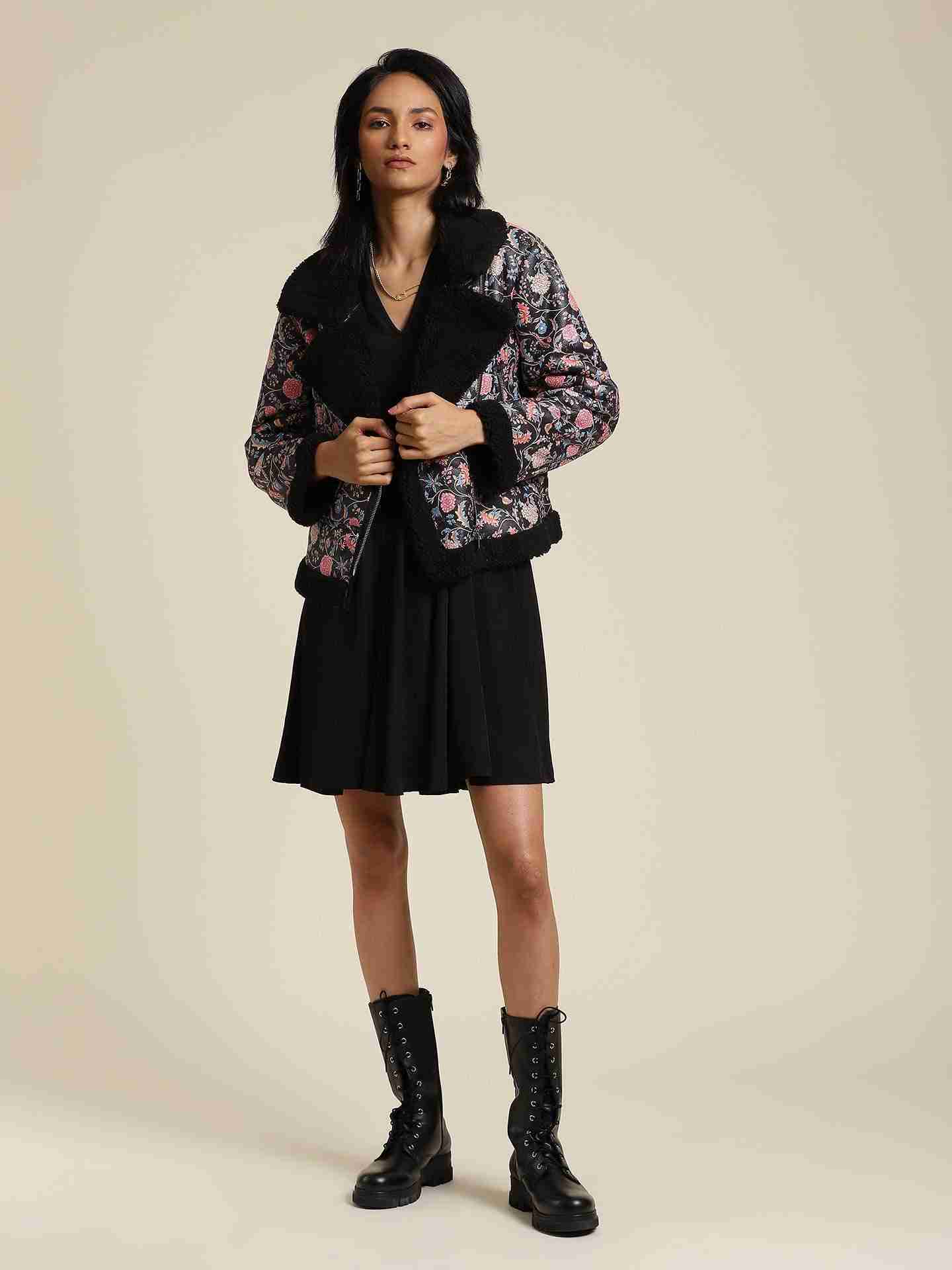 Black Antalya Printed Biker Jacket